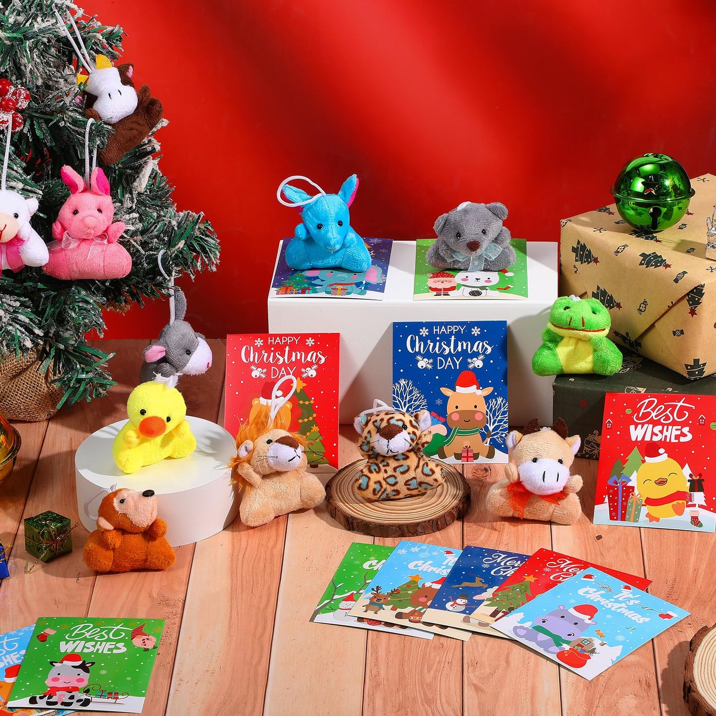 Motionchic 48 Set Mini Christmas Stuffed Animals Bulk with Winter Snowflakes Snowmen Cards Cute Plush Animals Keychain for Xmas
