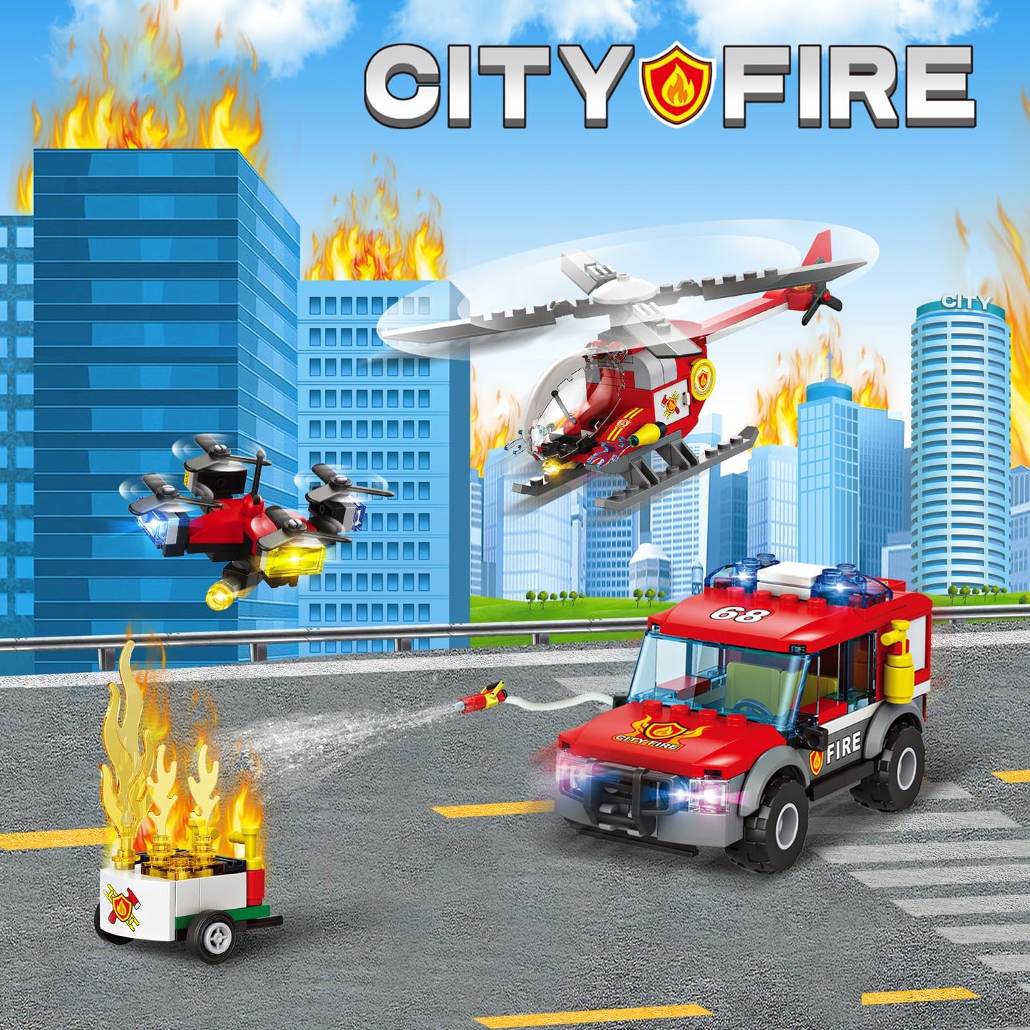 City Fire Station Building Blocks Set With Fire Truck, Fire Rescue Helicopter,Drone & Fire Engine Toys,Fire Command Center Playset, Firefighters Roleplay Toy Gifts For Kids Boys Girls Ages 6+(744Pcs)