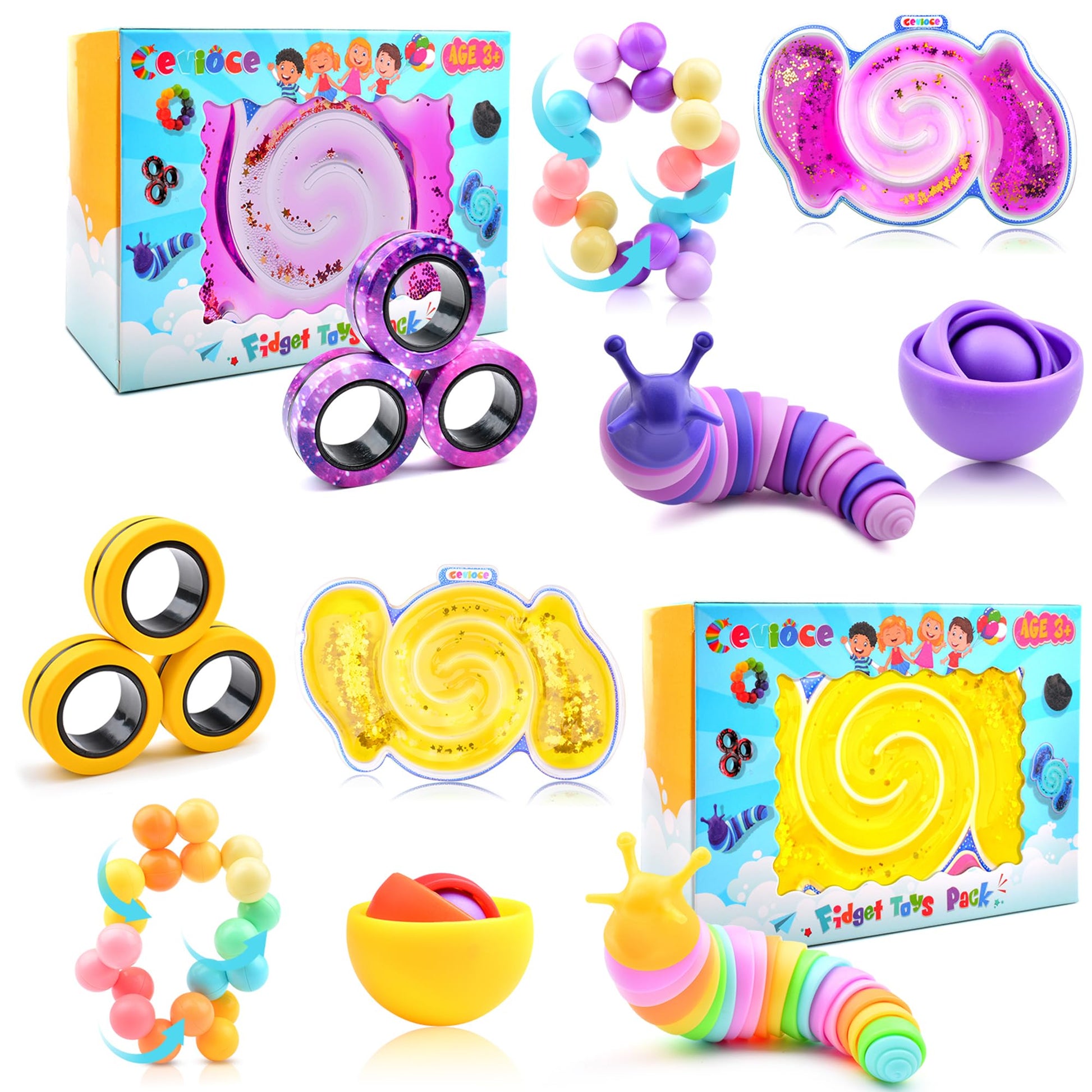 Cevioce 10Pcs Fidget Toys Adults Pack,Stocking Stuffers For Teens Boys Girls,Autism Sensory Toys With Fidget Spinner Slug Magnetic Rings,Squishy Fidget Toys Adhd Stress Relief,Party Favor For Kid-Py