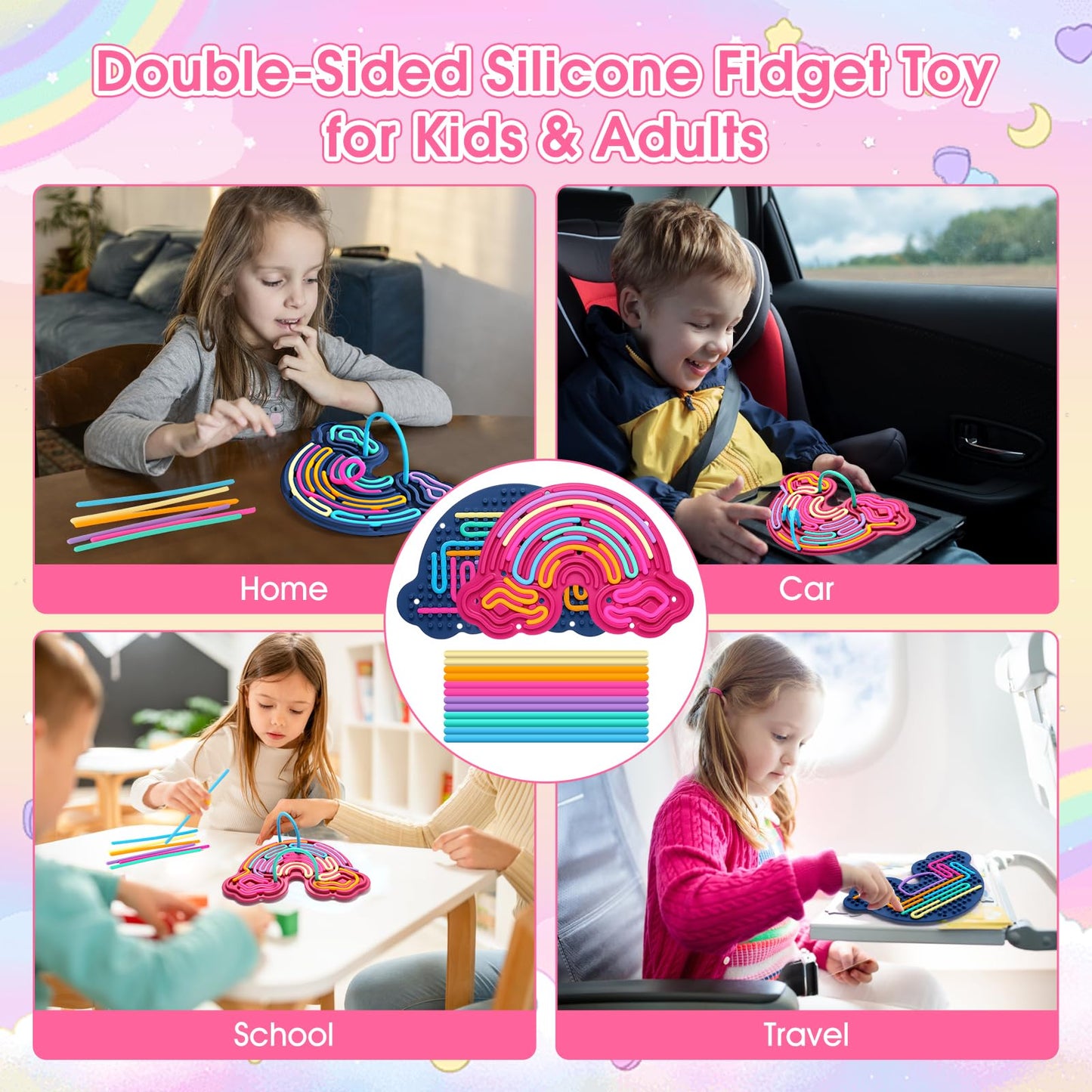 Hongvkae 2 Pack Sensory Activity Board Silicone Fidget Toy, Double-Sided Rainbow Sensory Toys for Autism, Stress, Anxiety, ADHD,