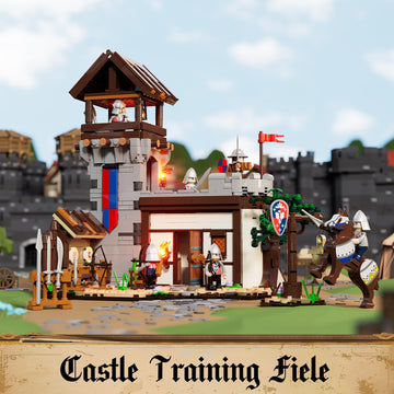 Funwhole Medieval Training-Ground Lighting Building-Bricks Set - Creator Castle With 5 Medieval Soldier Minifigures Collectible Display Set 964 Pcs For Adults And Teen