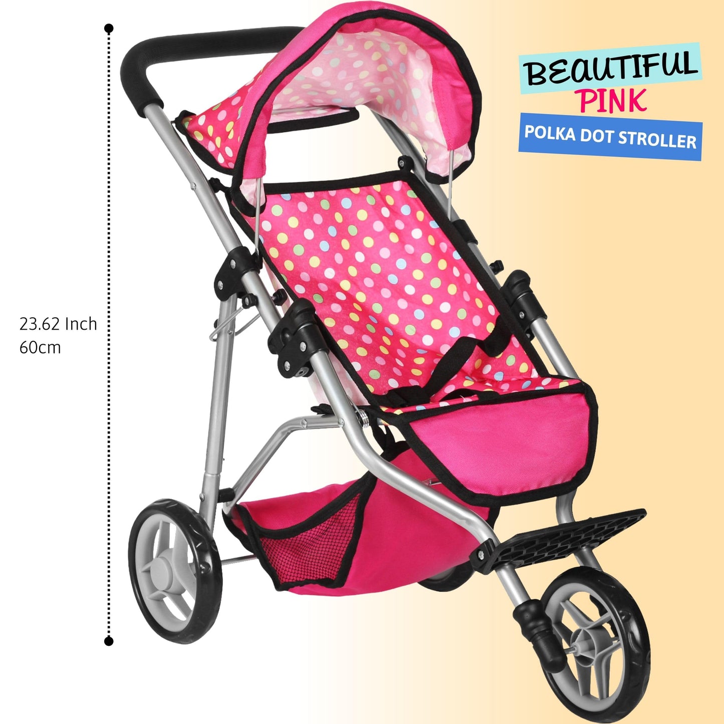 Fash N Kolor Baby Doll Stroller - Adjustable Canopy, Toy Storage, Foldable, Denim Pink, 6 x 1 Inches, Metal