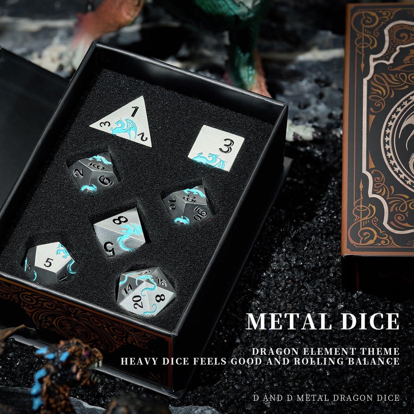 Blue Dragon Metal DND Dice Set,HNCCESG Cool D&D Dice Set of 7 Piece,Dungeons and Dragon Gift Dice, Role Playing Dice for D&D Tab