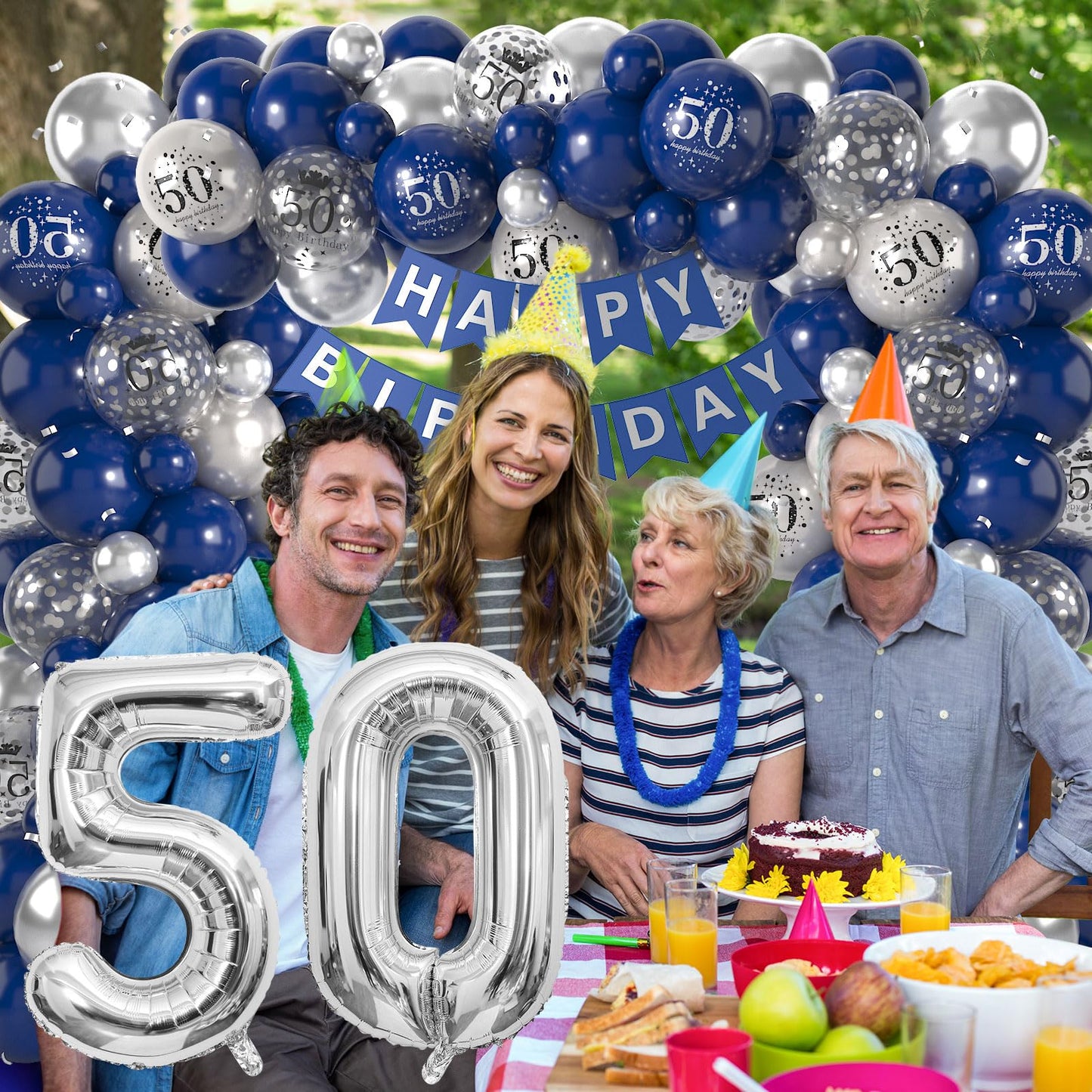 50Th Birthday Decorations Navy Blue Silver,50Th Birthday Balloon Garland Party Decorations With Number 50 Foil Balloons,Happy Bi