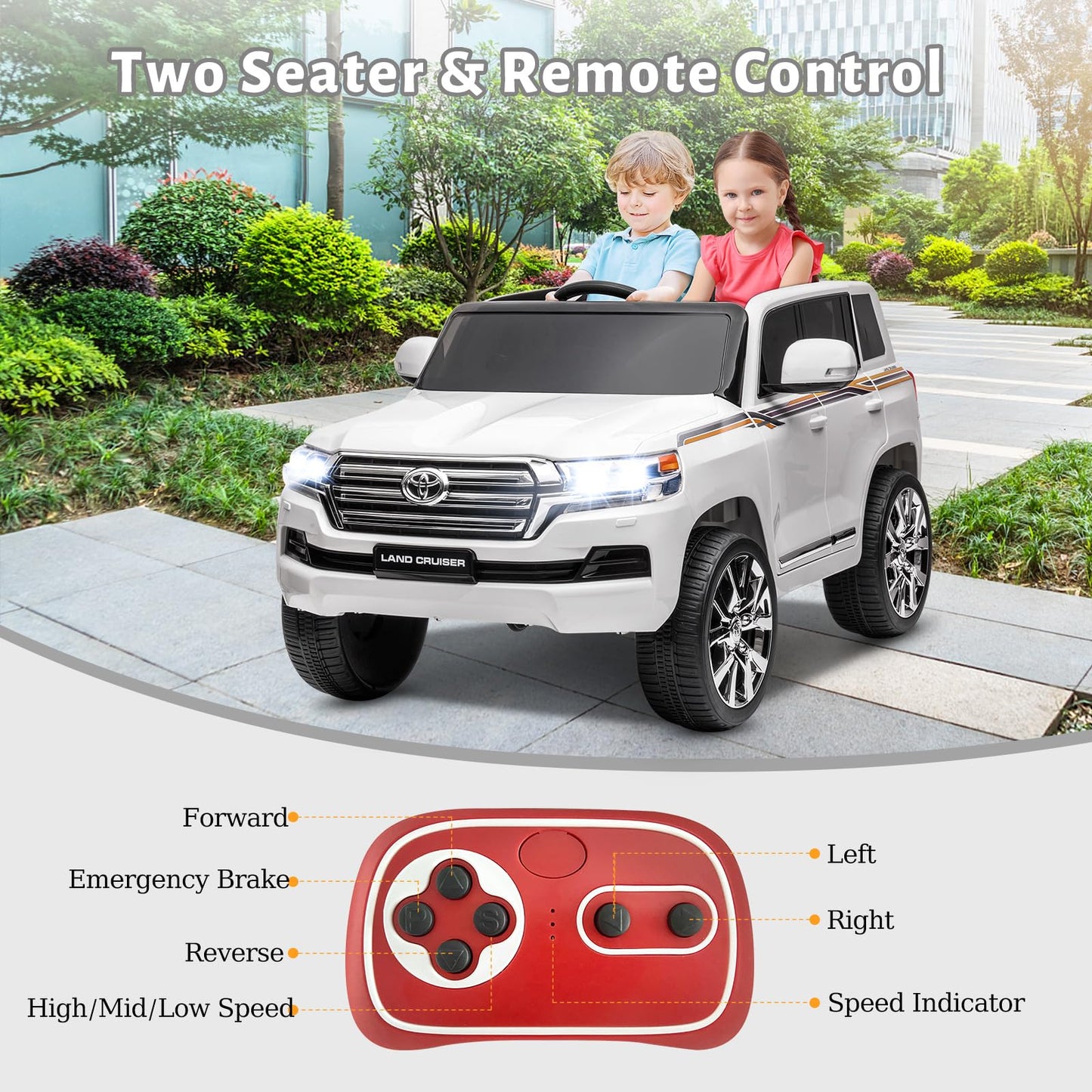 Two Seater Kids Ride On Truck, 12V Battery Powered Electric Vehicle w/Remote Control, 3 Speeds, Led Lights, Music & Horn, Spring