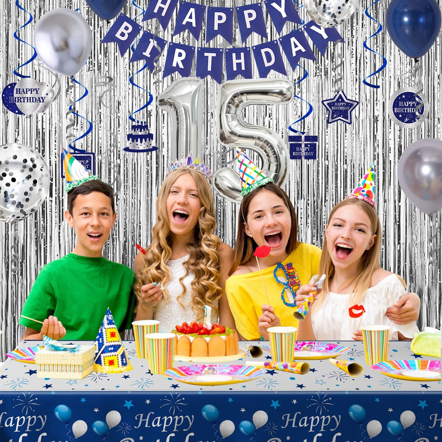 15Th Birthday Decorations For Boys And Girls Blue Silver, Happy 15Th Birthday Decorations Banner Birthday Balloons Number 15 Tab