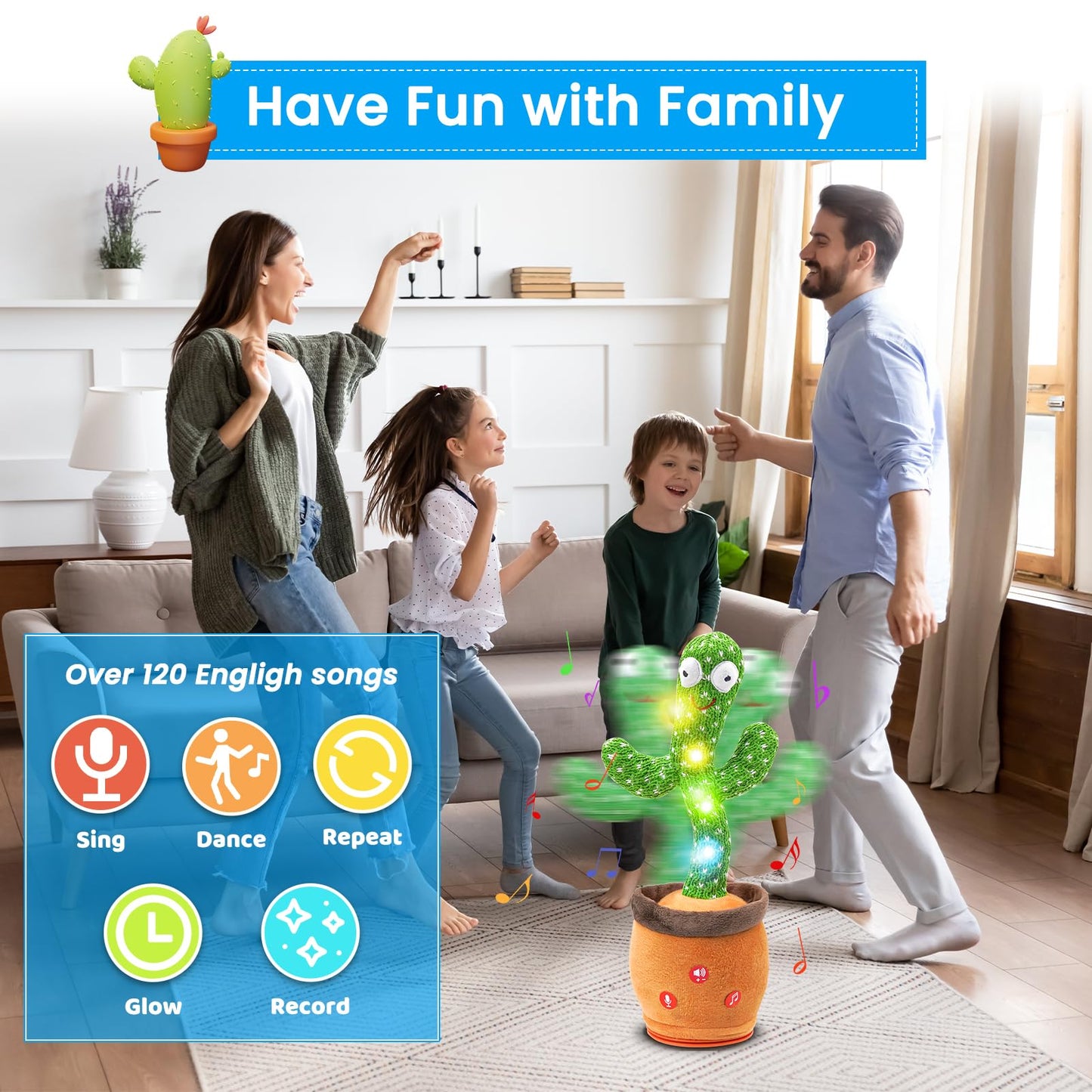 Qularlans Dancing Talking Cactus Toy for Babies - Interactive Singing Mimicking Cactus Baby Toy with Lights, 120 Funny Songs & W