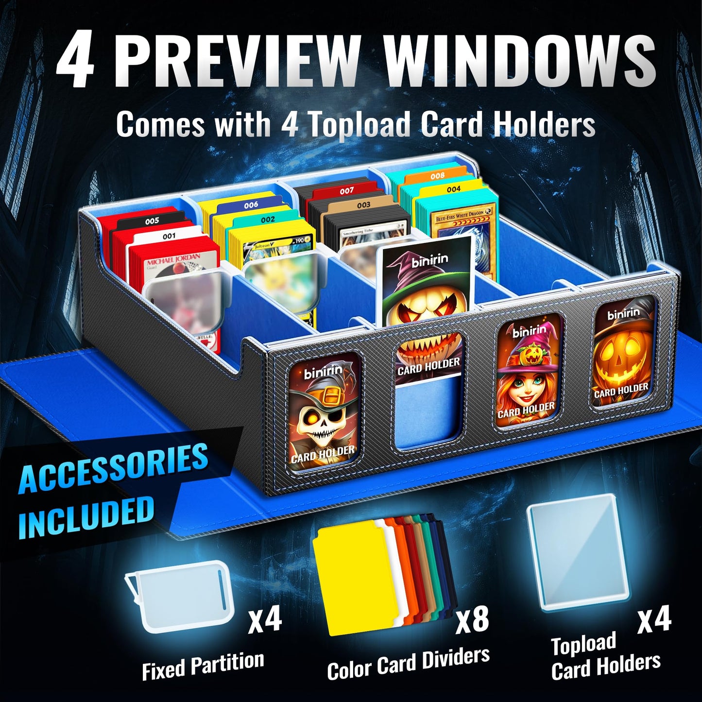 binirin Trading Card Storage Box for Commander Display  3000+ MTG Deck Box with 4 Toploaders & Card Supporters  PU Leather Card Deck Case Fits MTG Yugioh TCG Magic Game & Sports Cards (Black&Blue)