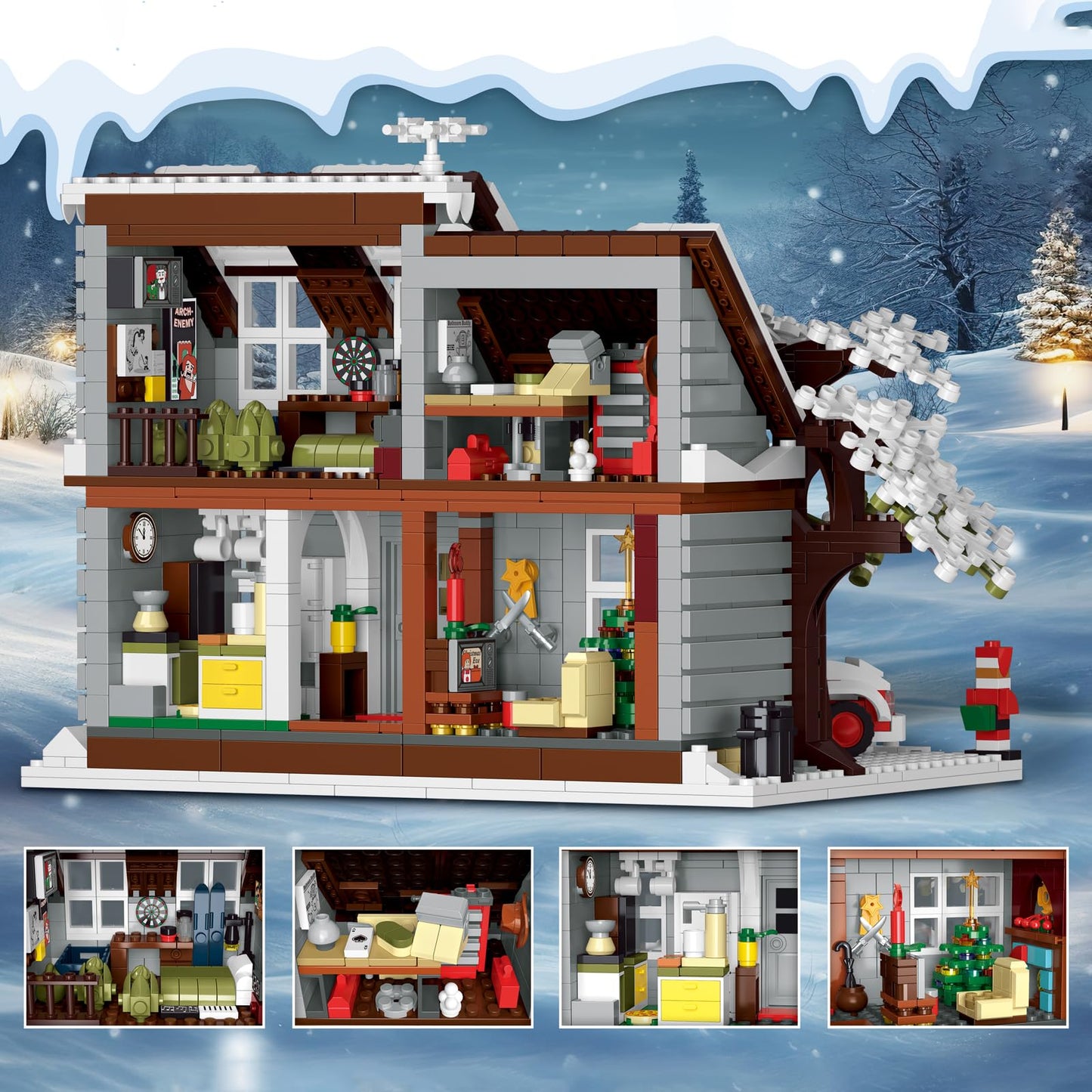 ENJBRICK Christmas House Building Set, 1378pcs, Lights, 11.42"x7.28"x8.07", White/Red/Green, Compatible with Lego