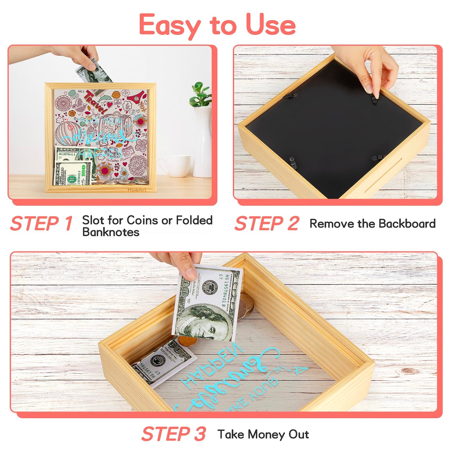 Piggy Banks For Adults,Bigger Wooden Safe Money Savings Bank Box For Kids, Coin Bank Money Bank,Natural Wood Money Box, Printed On The Plexiglass Front-Make Your Dreams Happen, Sized (8X8X2.4 Inch)