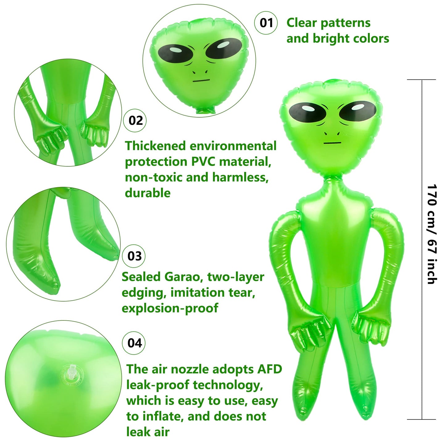 Haconba 4 Pack 67 Inch Giant Inflatable Alien Green Blow Up Alien Jumbo Inflatable Aliens for Alien Theme Party Halloween Home D