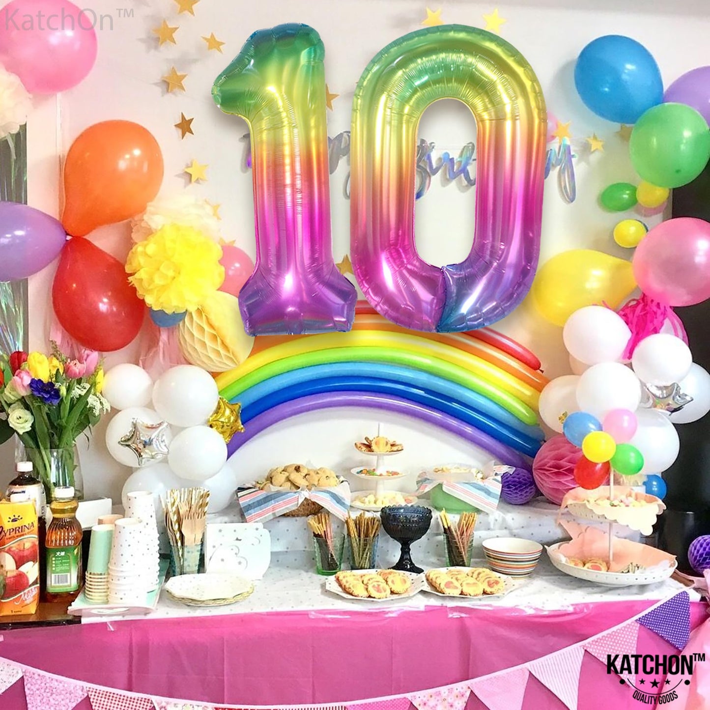 KatchOn, Giant Rainbow 10 Balloon Number - 40 Inch | 10th Birthday Decorations | Rainbow 10th Birthday Balloons for 10 Birthday