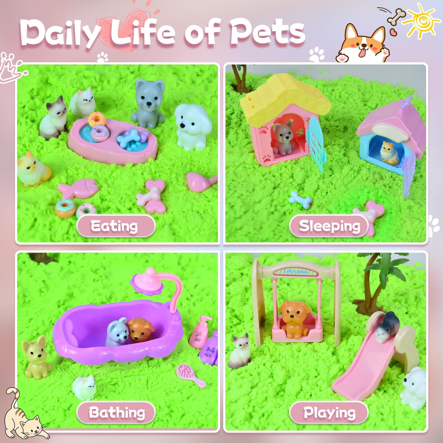 Pet Sensory Bin, Cat and Dog Sensory Bin for Toddlers Kids, Sensory Play Sand Art Kit Set with Sandbox & Tools & Pet Care Set, I