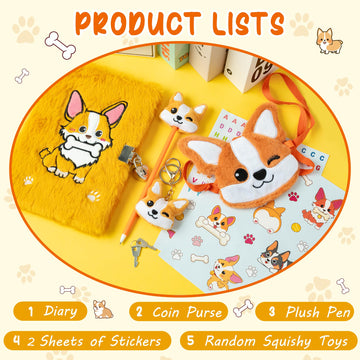 Cy2Side Corgi Dog Diary Set - 6Pcs Corgi Diary With Lock And Keys For Girls, Corgi Plush Secret Journal Diary Journaling Set For Writing, Make Your Own Scrapbook With Crafts Idea Gift For Teen Girls