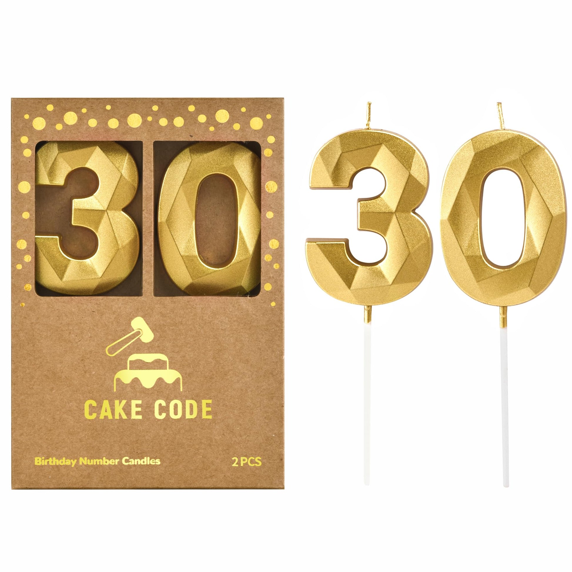 CAKE CODE 2.76 Inch Crystal Gold 30 Number Birthday Candles, Gold Number Candles, Cake Number Candles, Party Celebration