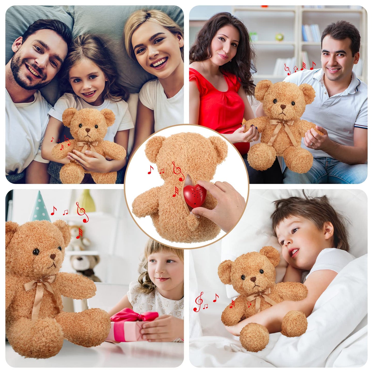 Hungdao Bear Stuffed Animal With Voice Recorder Set, 60 Seconds Heart Shaped Voice Sound Recorder Module 16 Inch Soft Plush Bear With Zipper For Boy Girl Valentines Day(Light Brown)