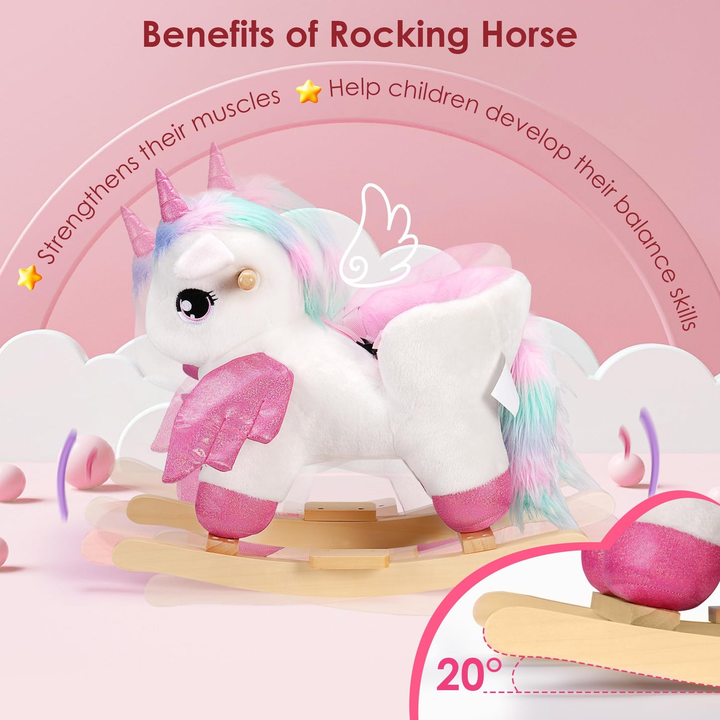 Rengue Unicorn Baby Rocking Horse, Toddler Kids Pink Fairy Unicorn Rocking Horse With Wooden Base Seat Safety Belt For 6 Months