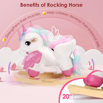 Rengue Unicorn Baby Rocking Horse, Toddler Kids Pink Fairy Unicorn Rocking Horse With Wooden Base Seat Safety Belt For 6 Months