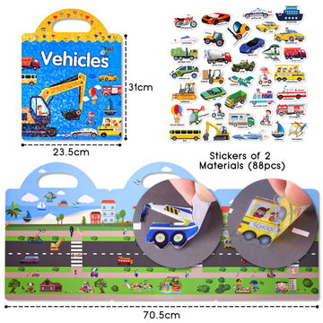 Astaron Reusable 3D Puffy Sticker Book For Kids, 88 Pcs Cute Waterproof Vehicles Stickers,Puffy Sticker Game Travel Stickers And Educational Sensory Learning Toy,4 Fold-Out Scenes Choices,(2-6 Age)