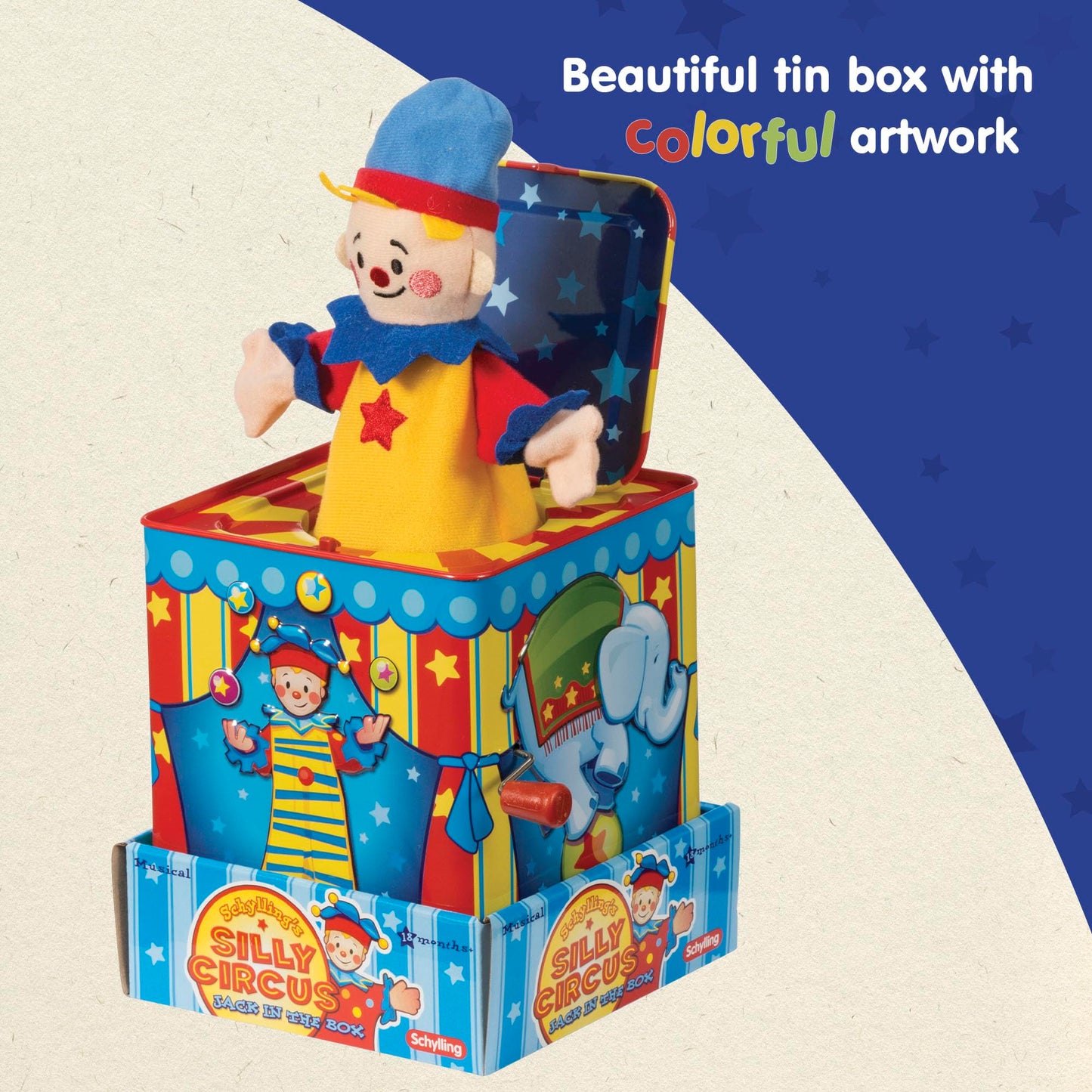Schylling Silly Circus Jack in the Box - Classic Childrens Musical Toy - Colorful Embossed Tin Box and Friendly Plush - Age 18