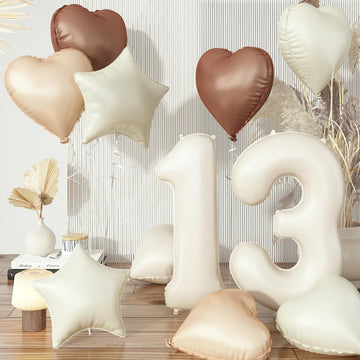 Cream 13 Balloons Decor, Beige Nude Apricot Brown Tan Foil Star Heart Balloons, 40'' White Sand Helium Neutral Number 13 Balloon