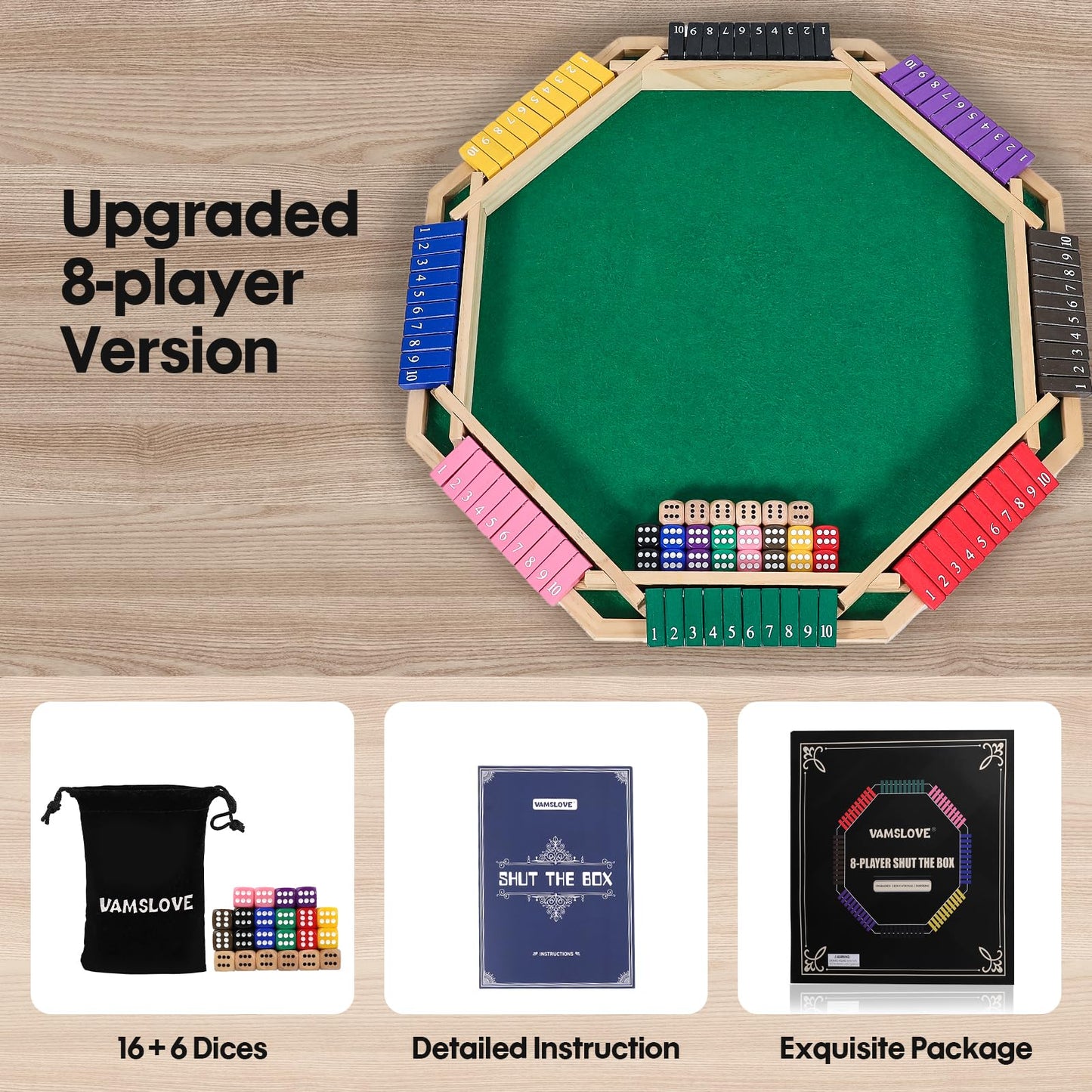 Vamslove Colorful Shut The Box Dice Game for 2-8 Players - Wooden Board Math Game with 16 +6 Dices - Fun for Kids & Adults