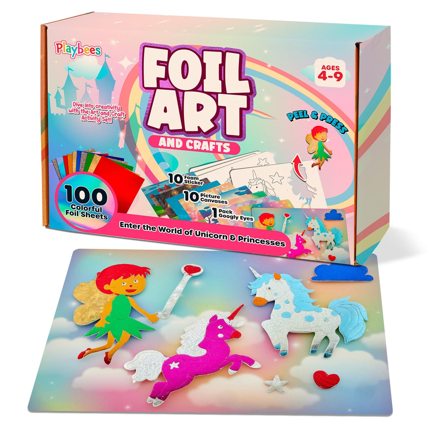 Playbees Foil Art Kit Unicorns & Princesses - Preschool Arts and Crafts Kit for Kids- No Mess Art for Boys & Girls Ages 4, 5, 6,