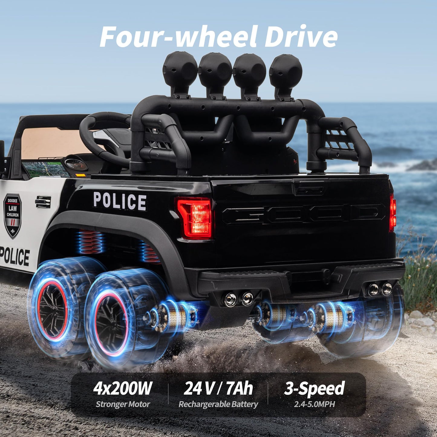Hikiddo Electric Police Car For Kids 2 Seater, 24V 4Wd Ride On Toy For Big Kids With Remote Control, 4X200W Motors, 5Mph Max Spe