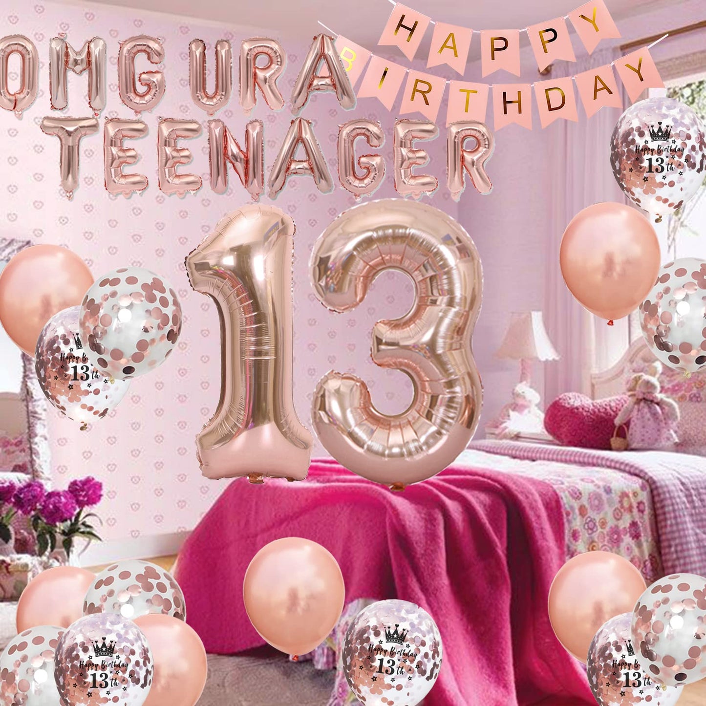 Rose Gold Omg Ur A Teenager 13Th Birthday Decorations For Girls, Happy 13Th Birthday Banner Number 13 Foil Balloons For Official