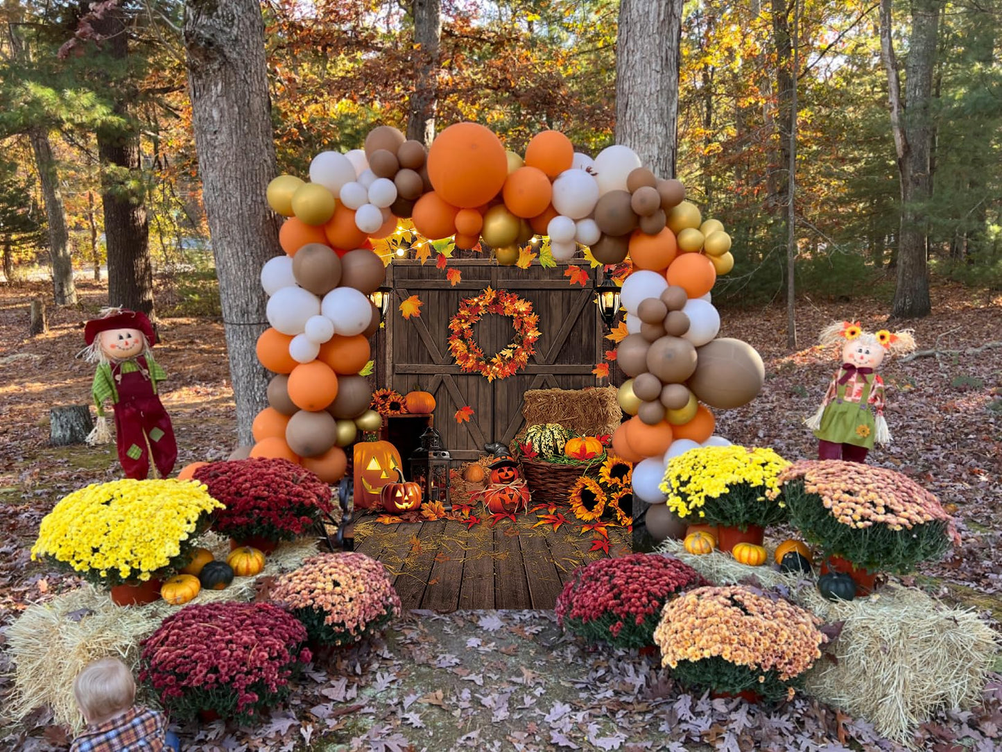 Fall Thanksgiving Backdrop Autumn Harvest Maple Leaf Pumpkin Photography Background Rustic Wooden Floor Barn Door Banner Friends