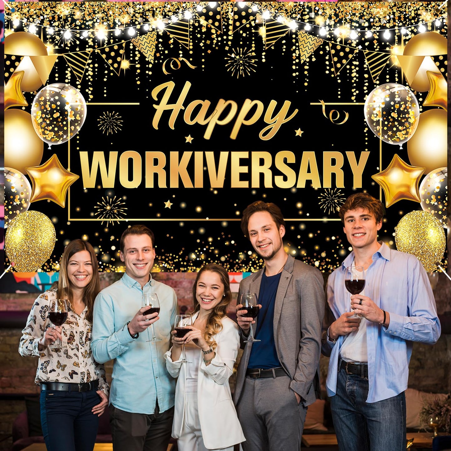 Yoirrat Happy Work Anniversary Banner - Gold & Black Polyester Backdrop, 70.8" x 43.3" for Employee Appreciation
