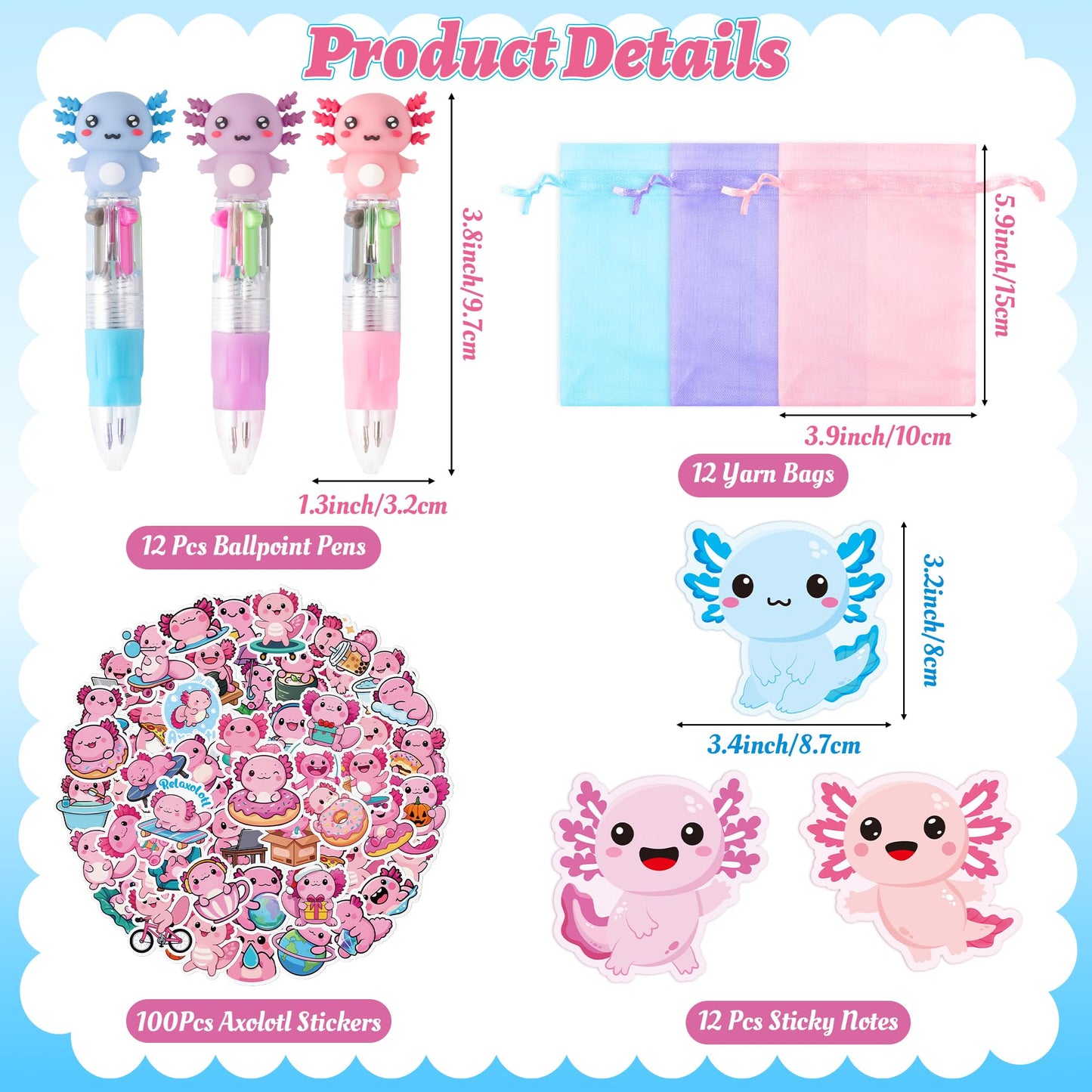 CY2SIDE Axolotl Party Gift Set - 12 Pack Stationery with 4-in-1 Pen, Sticky Notes & Stickers, Pink/Blue for Kids Goodie Bags