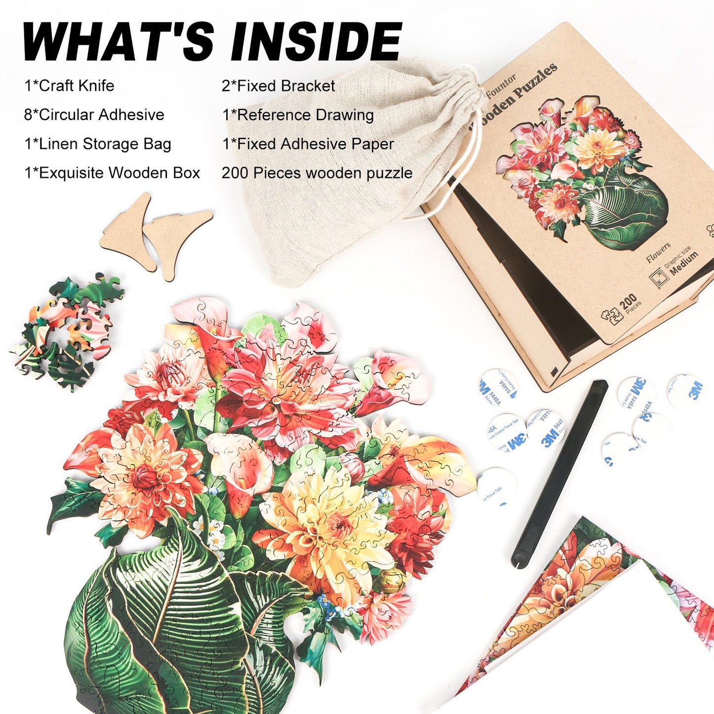 Flower Wooden Puzzles for mature-themeds  200pcs Wooden Jigsaw Puzzles for mature-themeds  Flowers Unique Shaped Jigsaw Puzzles Creative Gift for Friend Family Game Medium Size 9.6'' x 11.8''