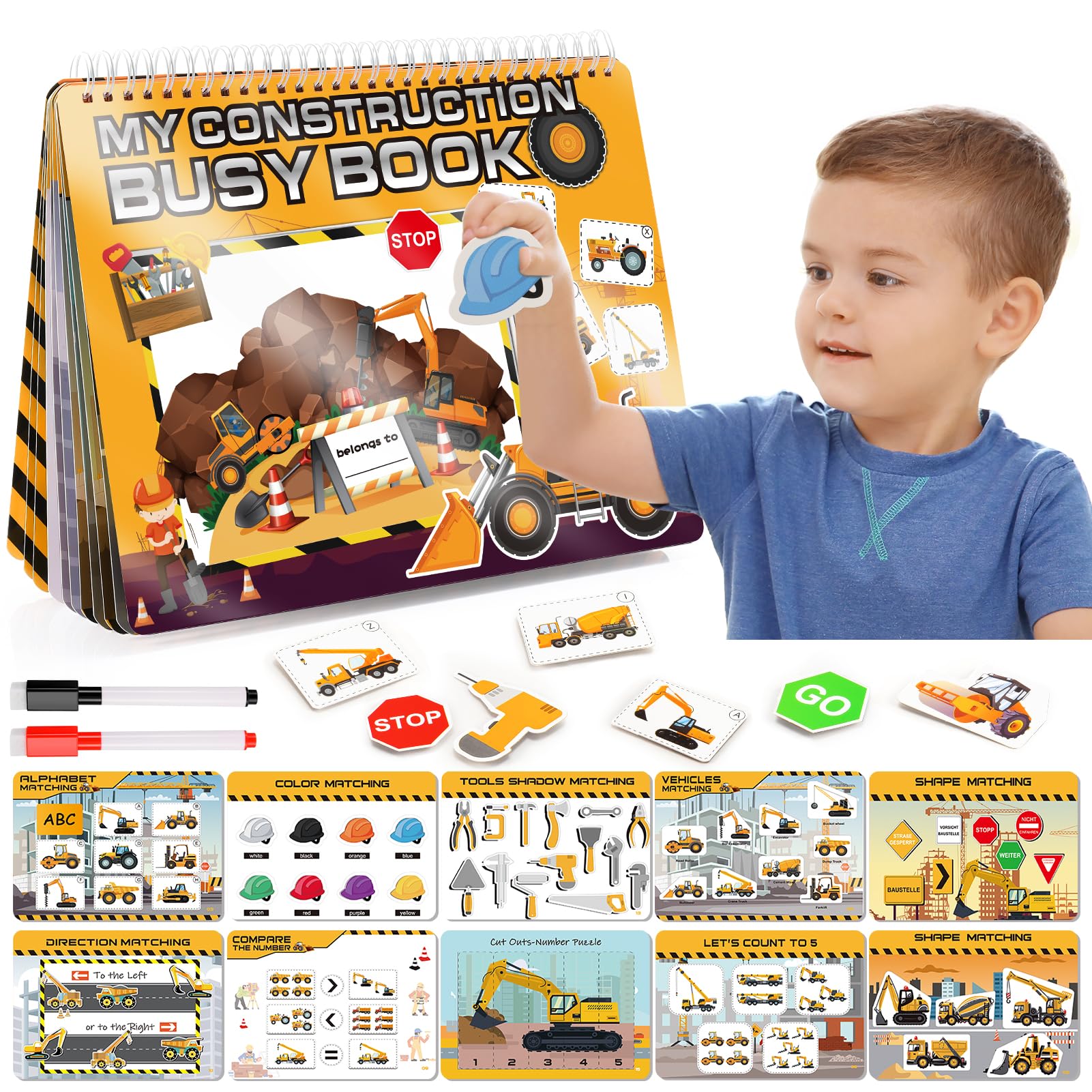 Montessori Busy Book Learning Toys For 2 3 4 5 Year Old Toddlers,Construction Themes Pre K Preschool Learning Activities Workbooks,Autism Sensory Educational Toys Birthday Xmas Gifts For Kids 3-5 4-8