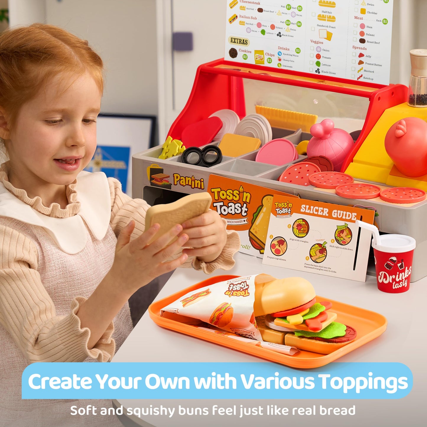 Pretend Play Food Toy For Kids Toddlers, Play Kitchen Accessories Include Sandwich Maker Toy With Slicer For Ham, Menu And Ingre