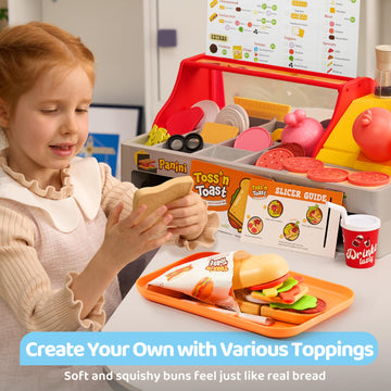 Pretend Play Food Toy For Kids Toddlers, Play Kitchen Accessories Include Sandwich Maker Toy With Slicer For Ham, Menu And Ingre