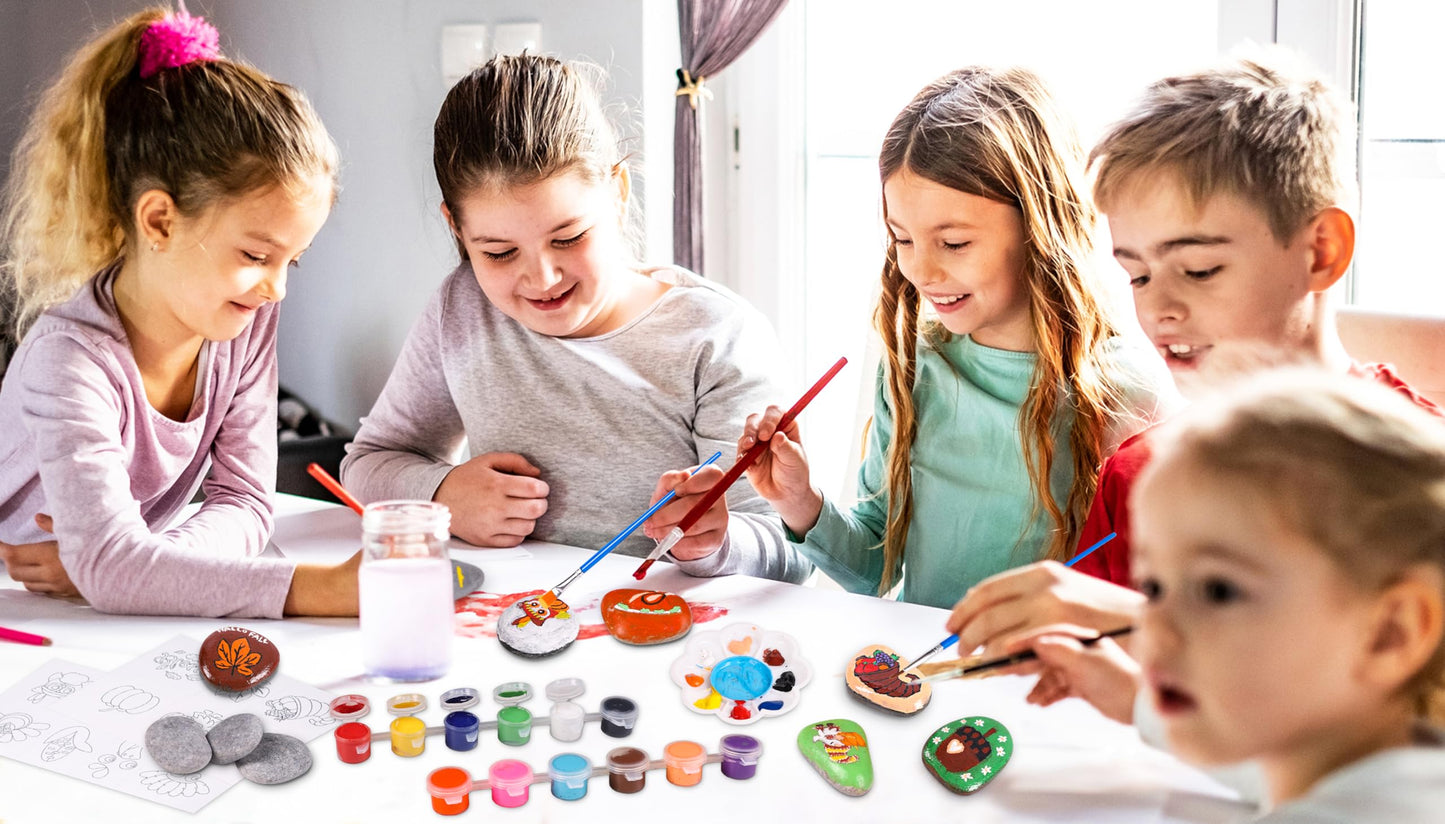 80UncleKimby Fall Thanksgiving Rock Painting Kit: Arts and Crafts for Kids - Include DIY Stones, Water Paint, Tattoos, Gifts Toy