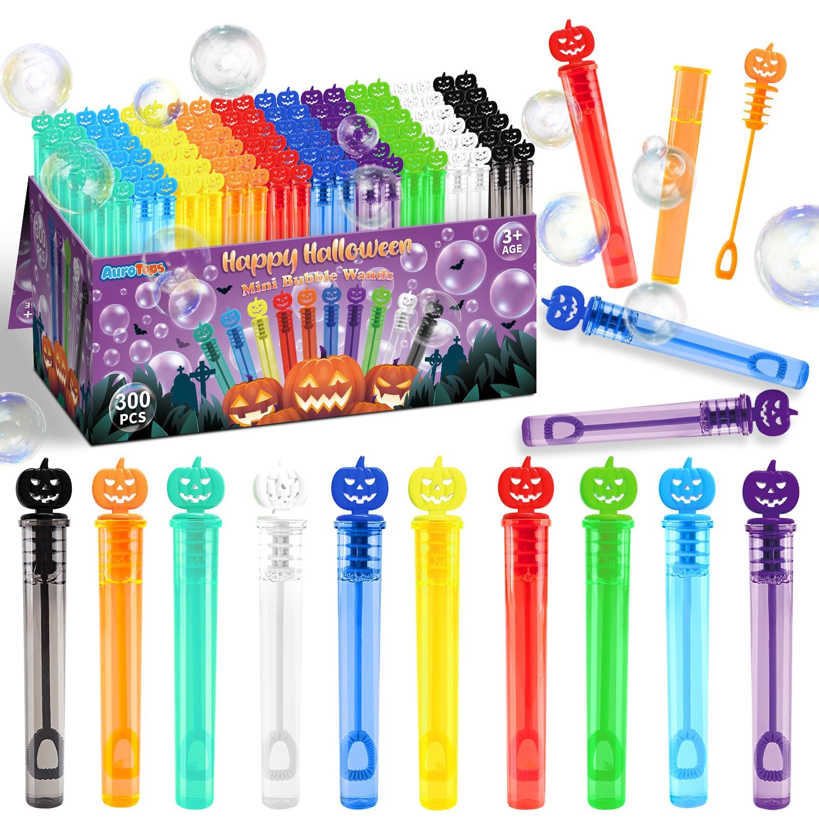 AuroTops 300 PCS Halloween Mini Bubble Wands,Halloween Party Favors for Kids Halloween-Themed Gifts Bubbles Bulk for Trick or Tr
