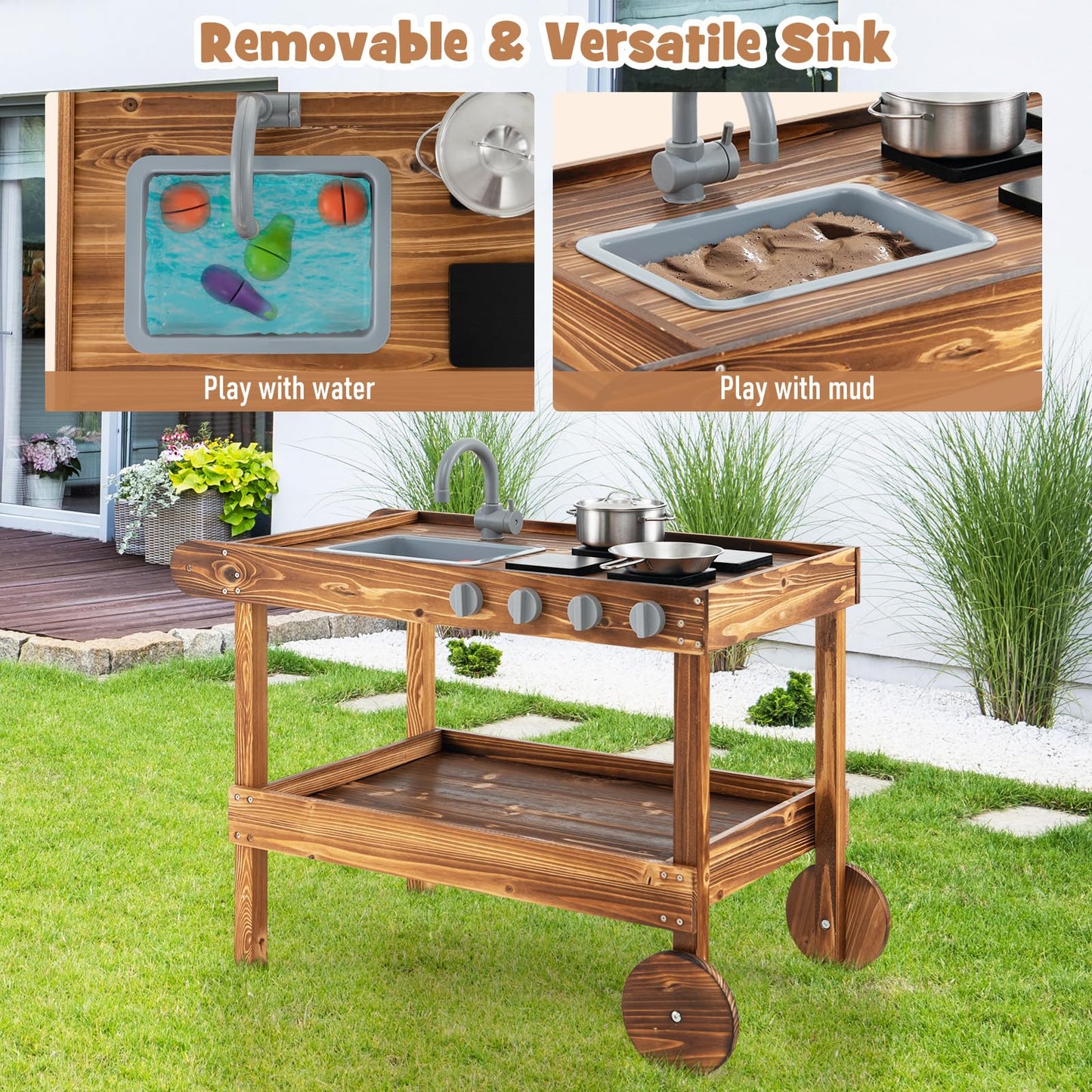 Costzon Mud Kitchen, Outdoor Play Kitchen With Sink, Faucet, Stoves And Cooking Accessories, Storage Shelf, Toddler Wooden Rolli