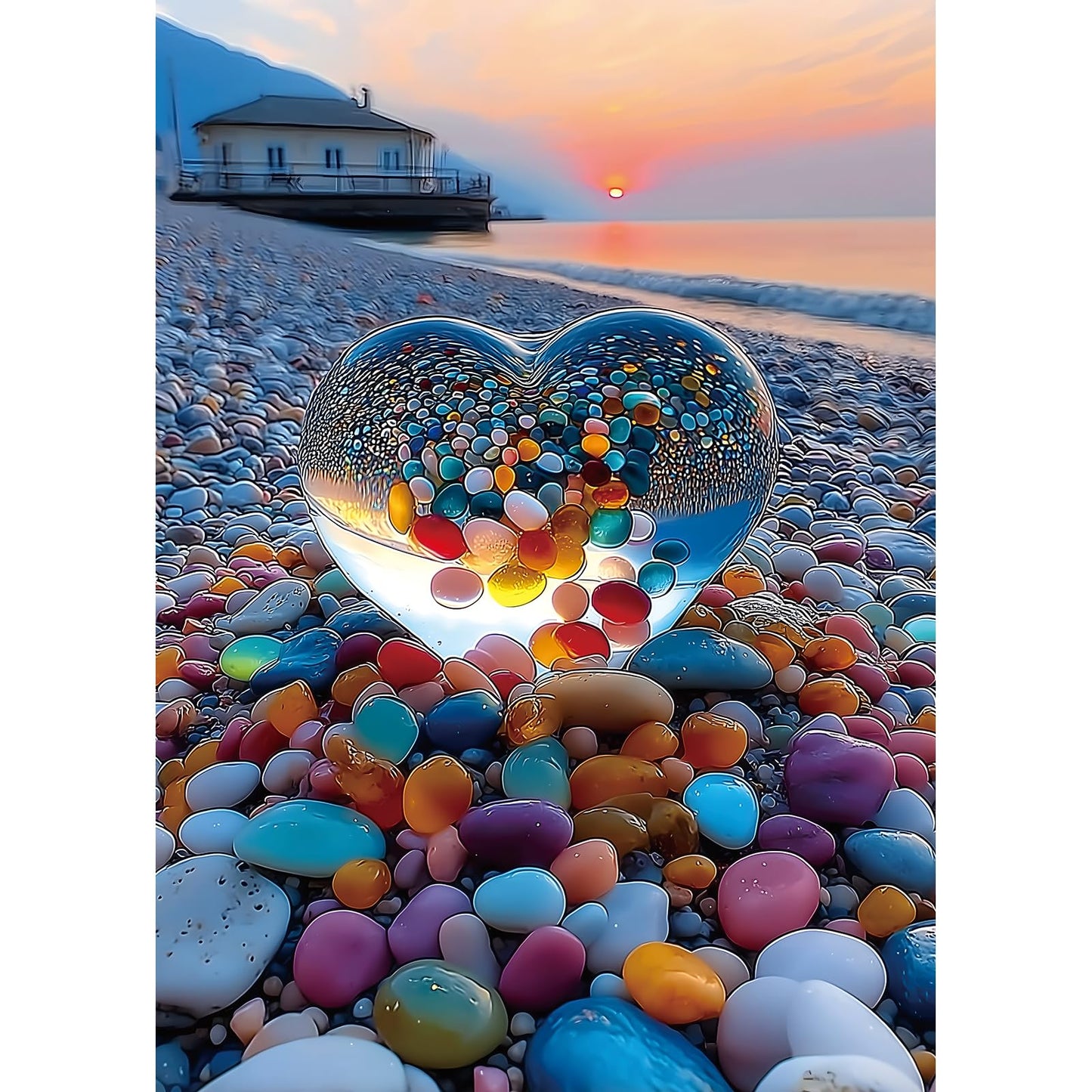 Beach Sunset Heart Jigsaw Puzzle 1000 Pieces for mature-themeds Colorful Pebbles Coastal Scene Challenging Puzzle Games enhanced 1000-Piece Puzzle for Game Night or Gift