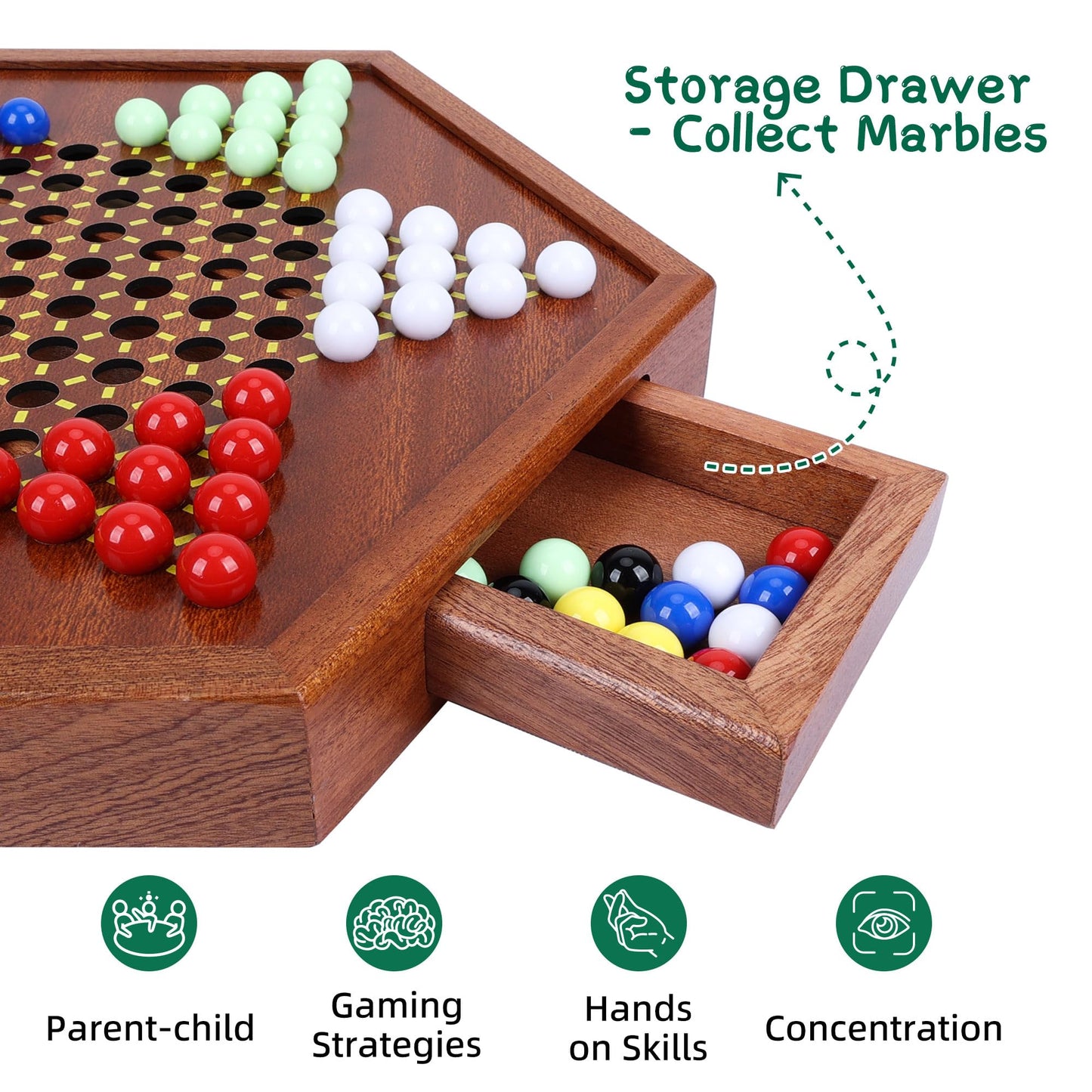 Offelec Wooden Chinese Checkers Set, 13" Game Board with Storage Drawer, 60+12 Glass Marbles in 6 Colors, Family Fun Game