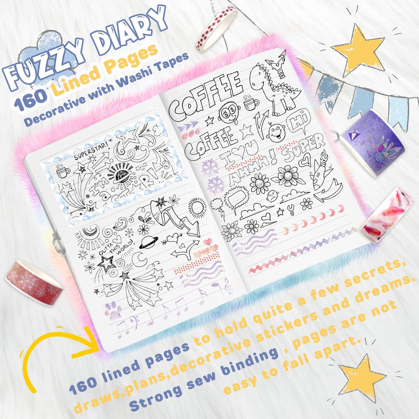 Homicozy Dog Diary For Girls With Lock And Keys,Tie-Dye Fuzzy Journal For Kids With 160 Lined Pages,Fluffy Secret Notebooks For Writing And Drawing,Birthday Gifts For Girls Ages 6 And Up,Puppy