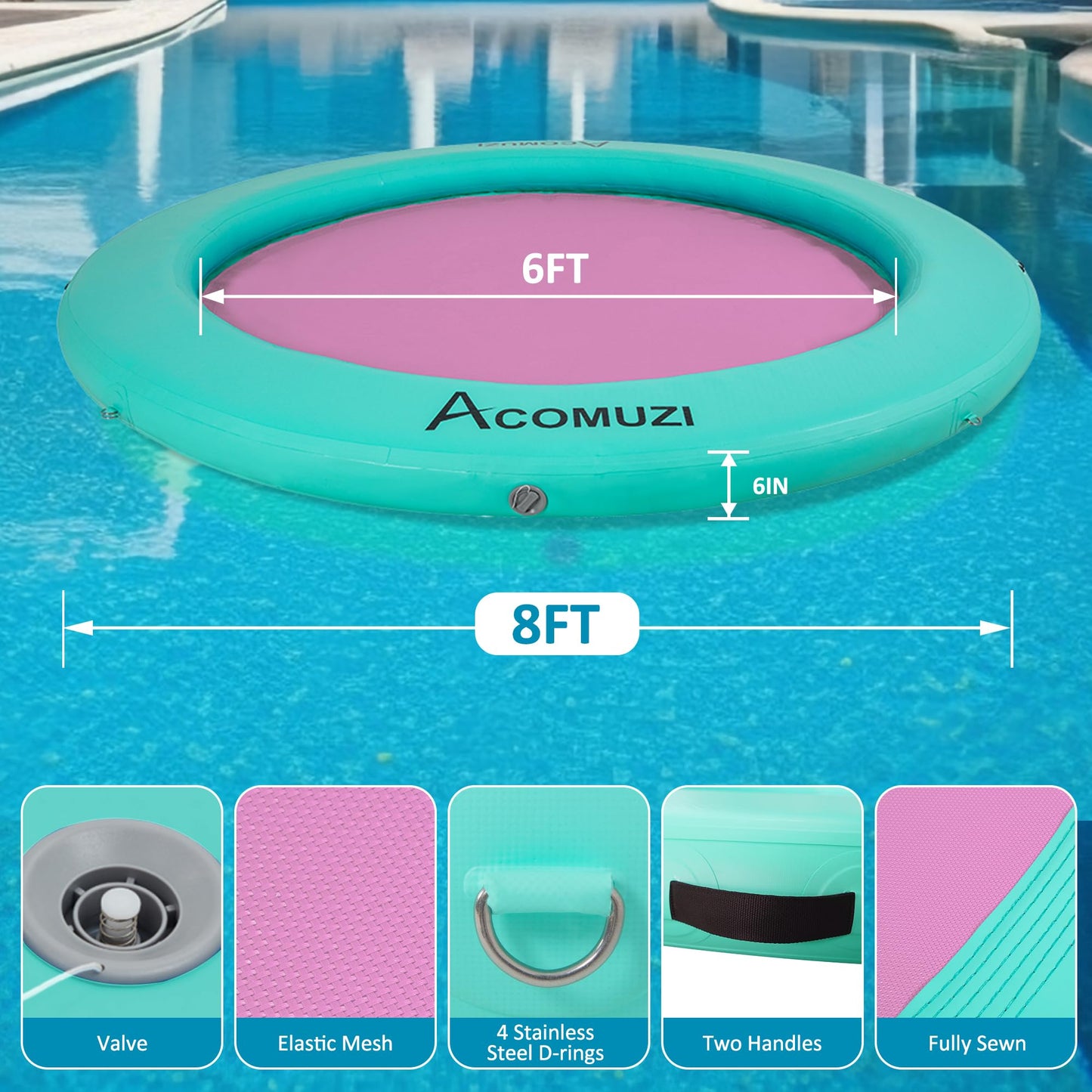 ACOMUZI 8FT Inflatable Water Hammock - Heavy Duty Pool Float Raft, Mint Green & Pink, Ideal for Ocean and Lake Use