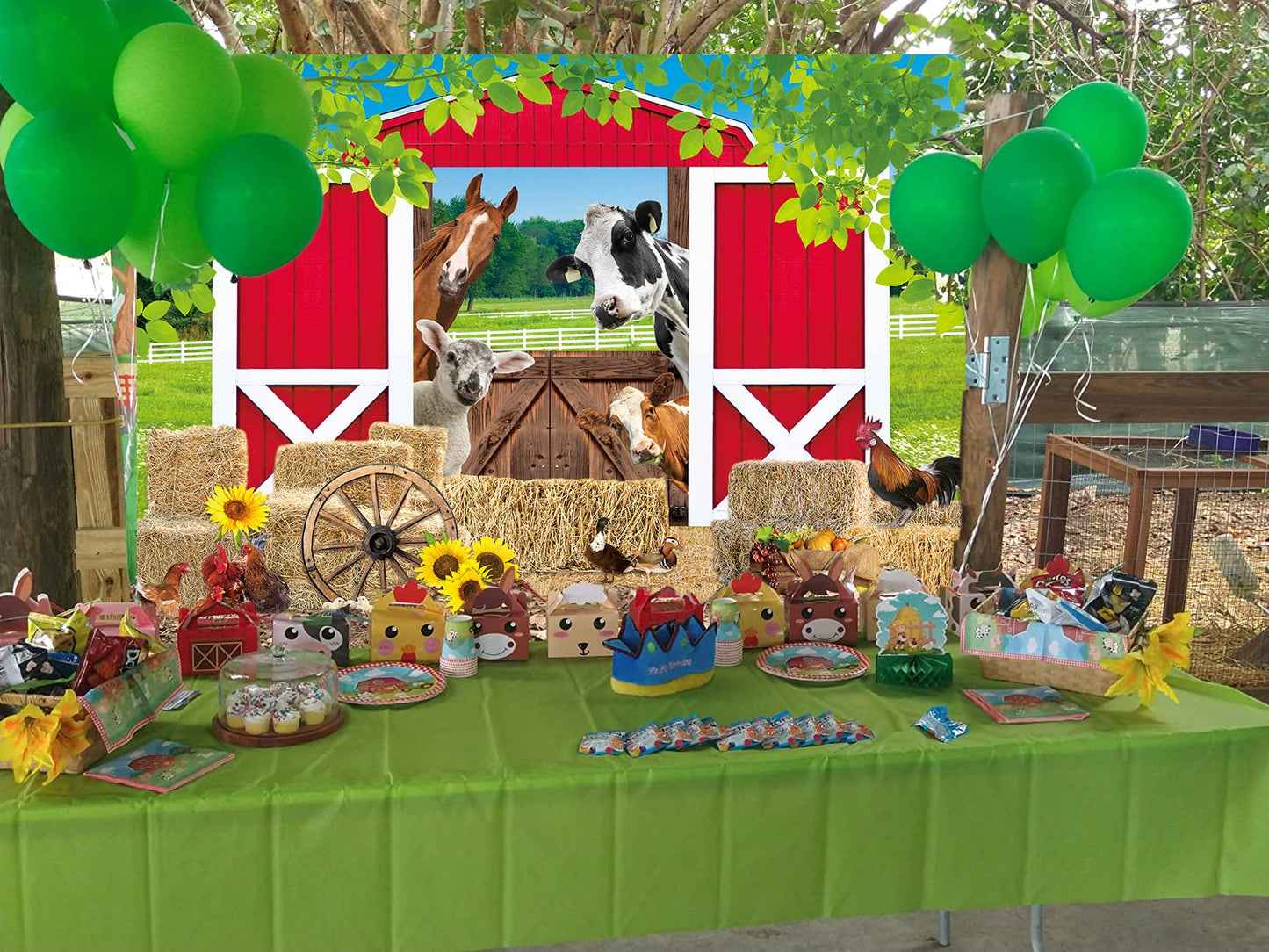 BAIFNEZ Farm Animals Backdrop Red Barn Farmhouse Barnyard Party Banner 7x5FT Country Farm Birthday Party Decorations for Kids Ba
