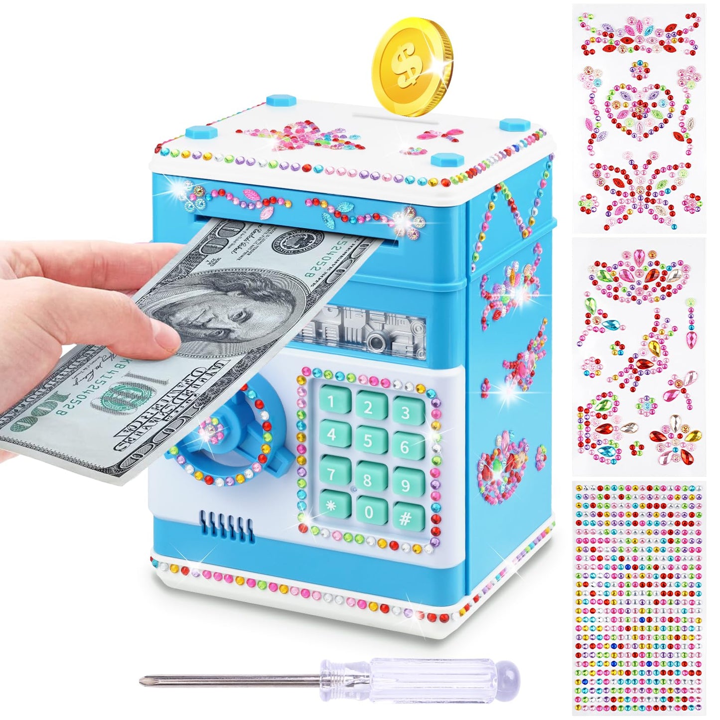 Piggy Bank For Kids Girls Boys With Password Code Lock Cash Coin Can Piggy Bank Girls Electronic Money Safe Bank For Kids Money Box With Diy Diamond Sticker Gift For 4 7 8 9 10 11 Year Old Boys Girls