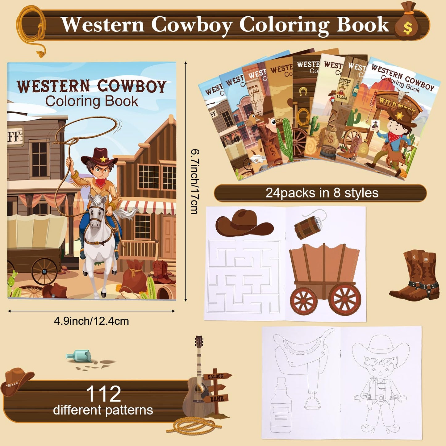 Nezyo Cowboy Coloring Books - 24 Pack Wild West DIY Art Drawing Booklets, Paper, White, Model AZ2343, Perfect for Birthday Goodie Bags