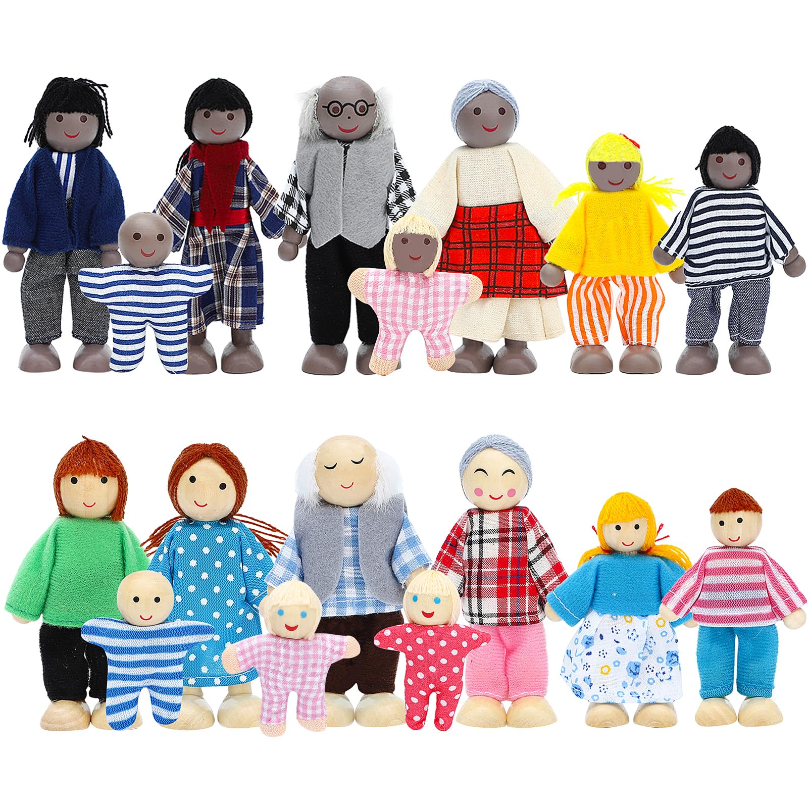 ONEST 17 Pieces Wooden Dollhouse Family Set Mini People Figures Sets Dollhouse Dolls Wooden Doll Family Pretend Play Figures Acc