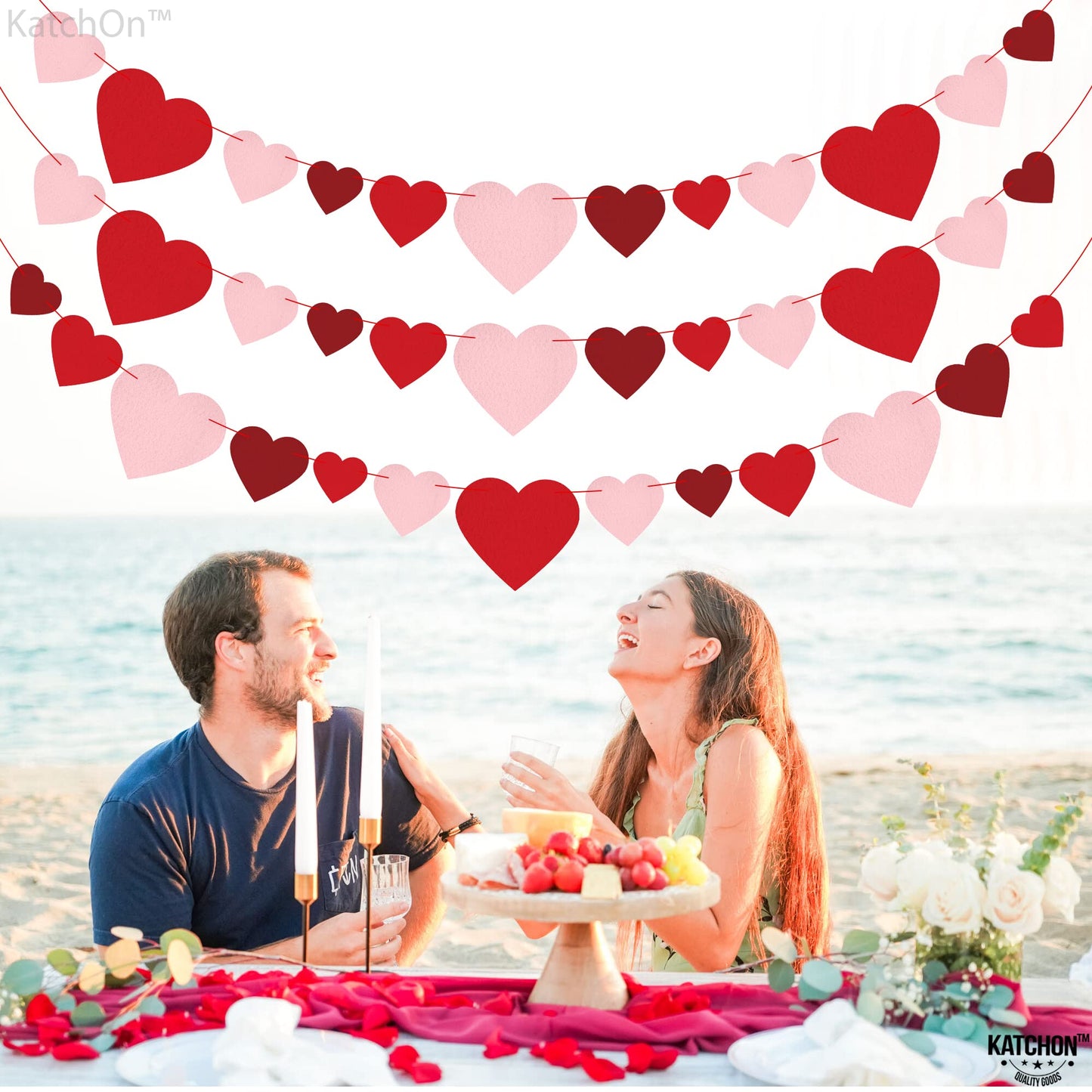 KatchOn, Felt Valentines Day Garland - No DIY, 3 String, 8.2 Feet | Red Heart Garland, Galentines Day Decorations | Valentine Ga