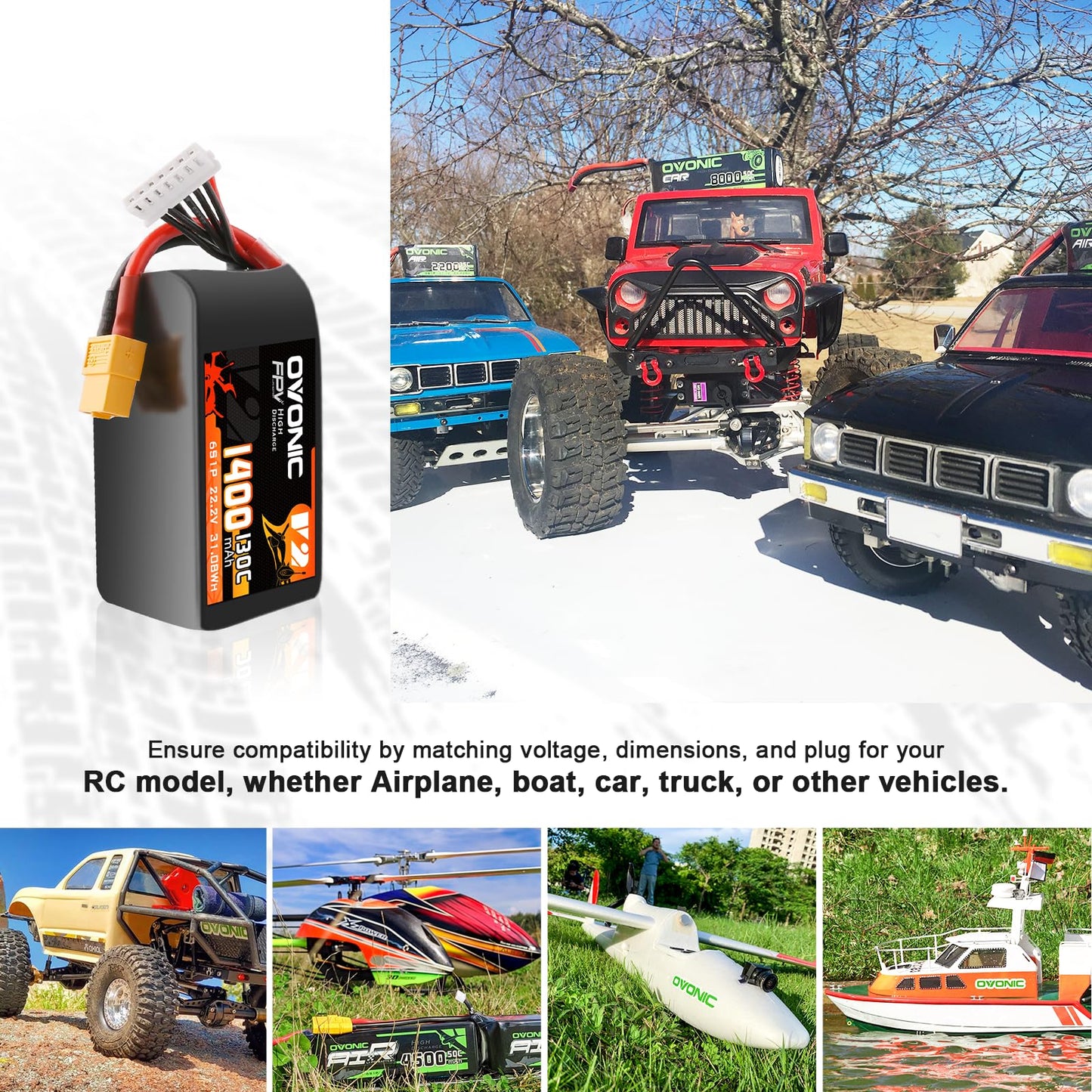 OVONIC 130C 6S 1400mah Lipo Battery 22.2V Pack with XT60 Plug for FPV Racing(2pcs)