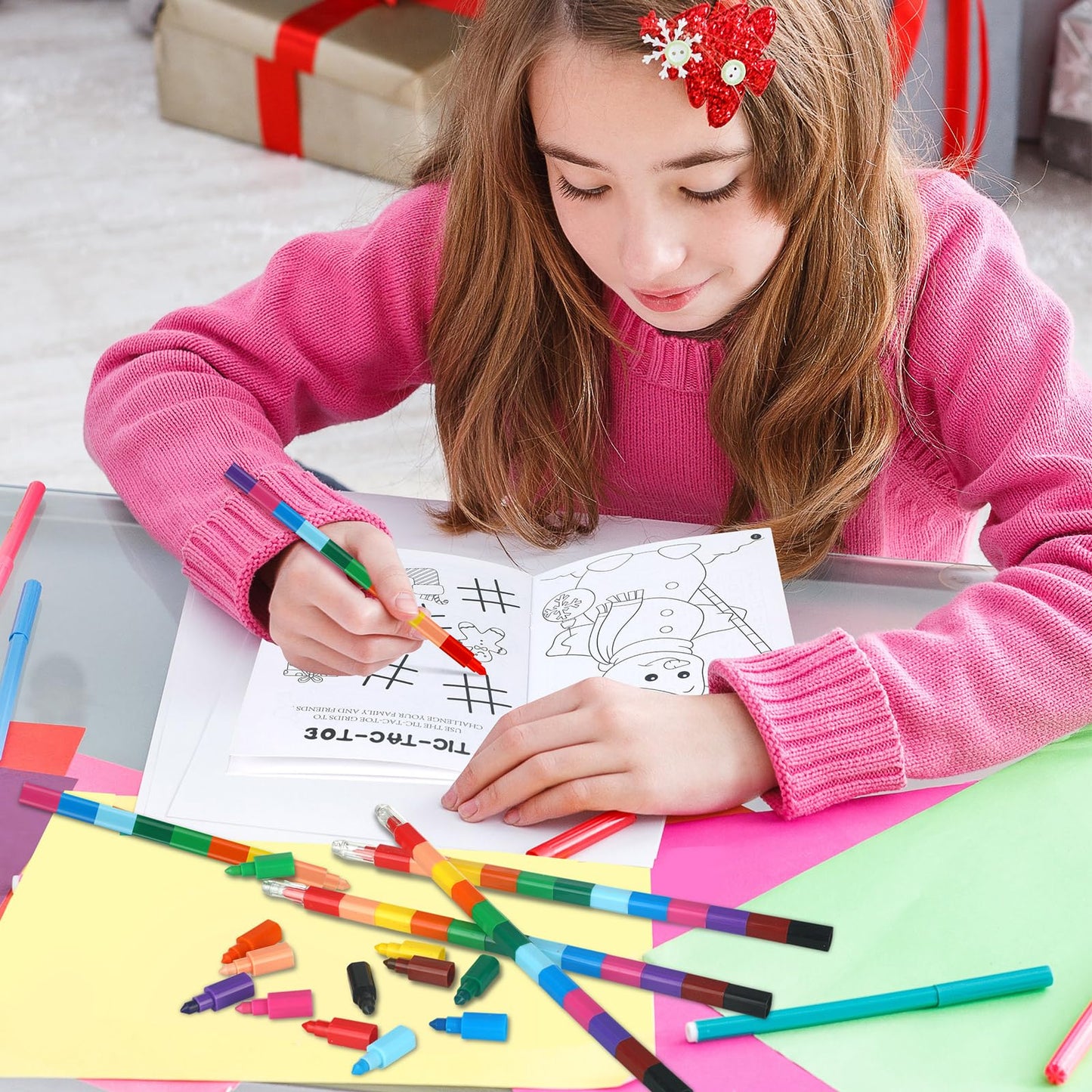 Zhanmai 64 Pcs Christmas Coloring Book with Stacking Crayons for Kids Bulk Santa Claus Snowman Elk Penguin Elf Gingerbread Holid